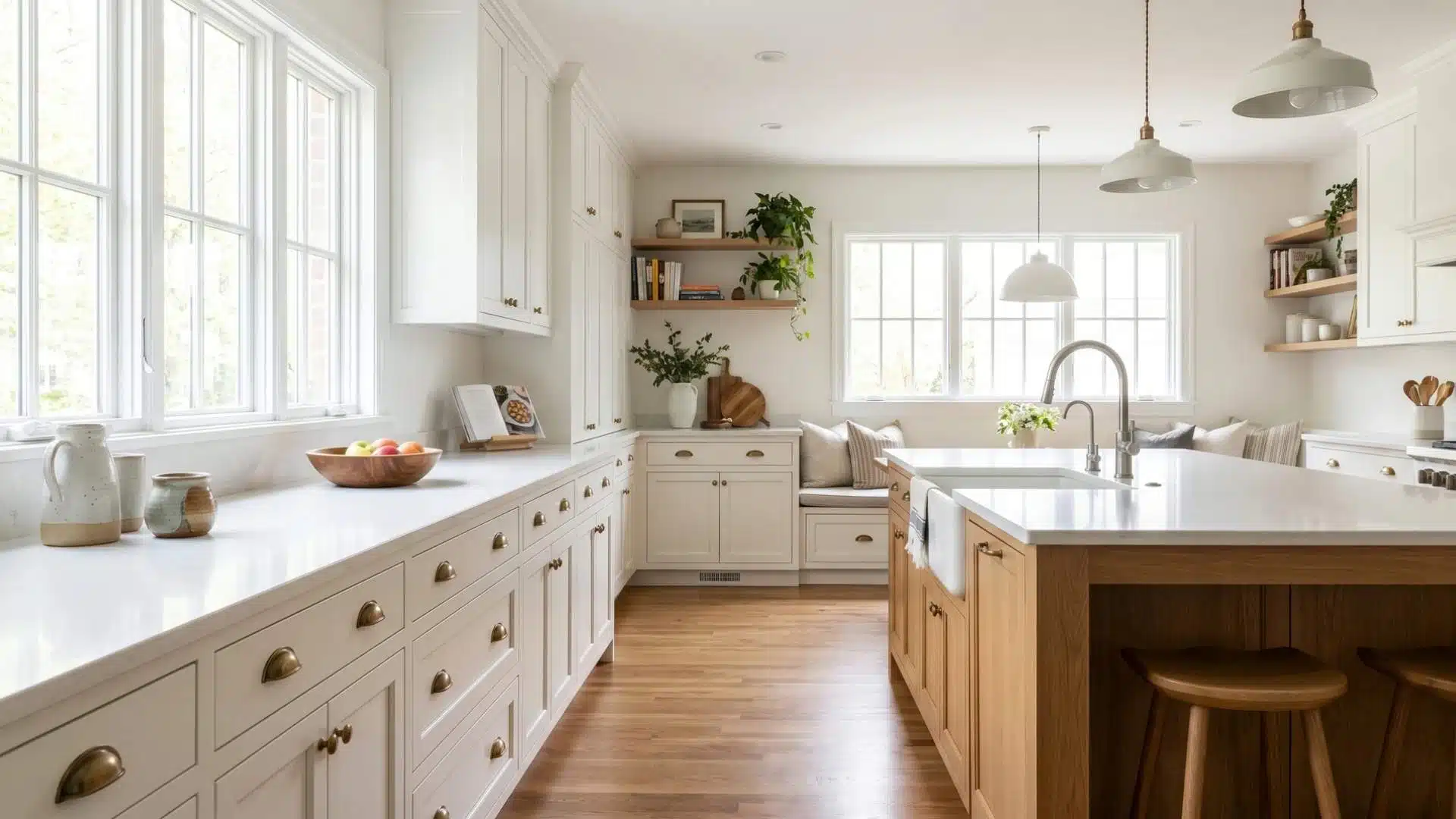 Classic white painted kitchen cabinets with marble countertops and open shelving, creating a timeless look.