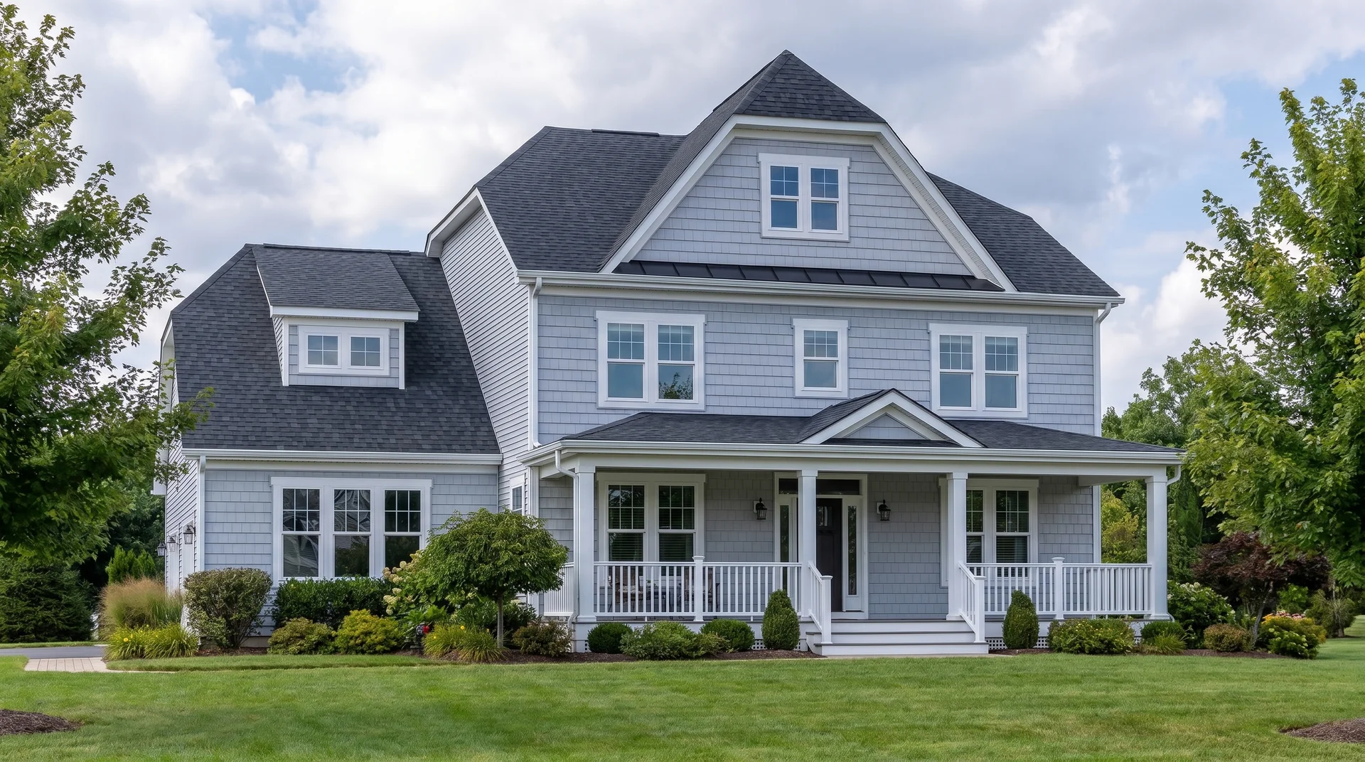 clipped gable roof house with sloped ends and dormer windows in a wooded setting