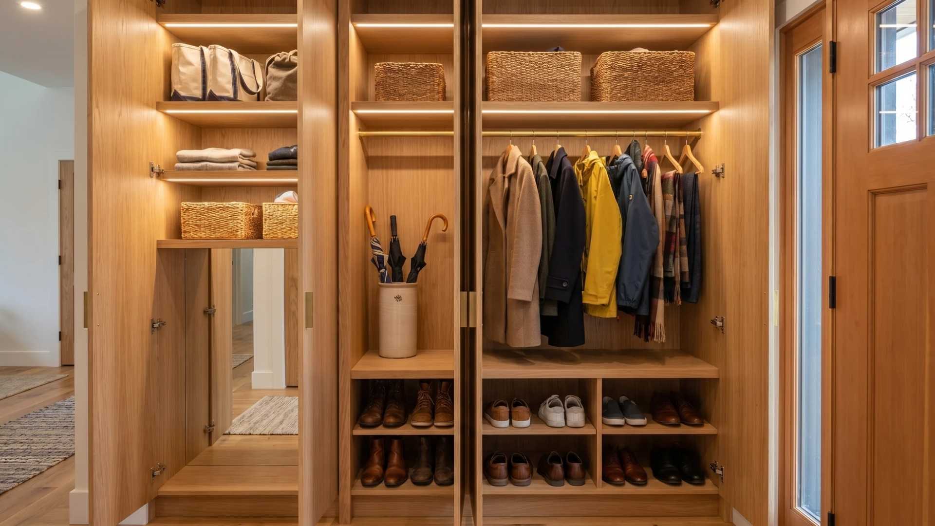 Entryway coat closet with jackets, umbrellas, and shoes organized for easy access, representing practical types of closets