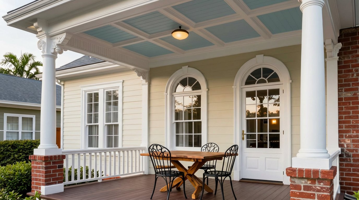 Large covered patio with a decorative blue and white grid-patterned coffered ceiling, white columns, and an outdoor dining set.