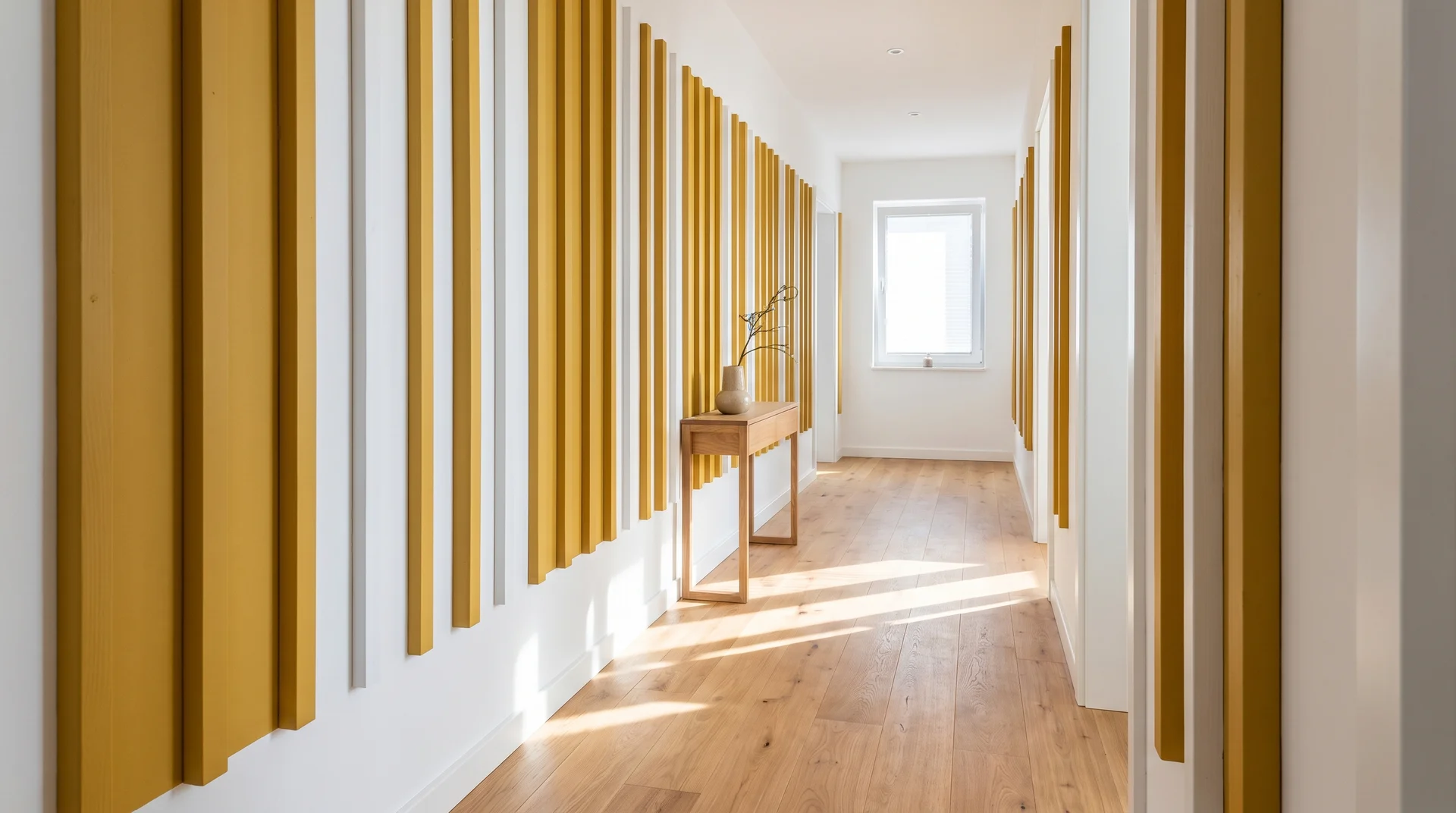 Bright hallway with vertical mustard-colored boards on white walls, wooden floor, natural light, and a small console table.
