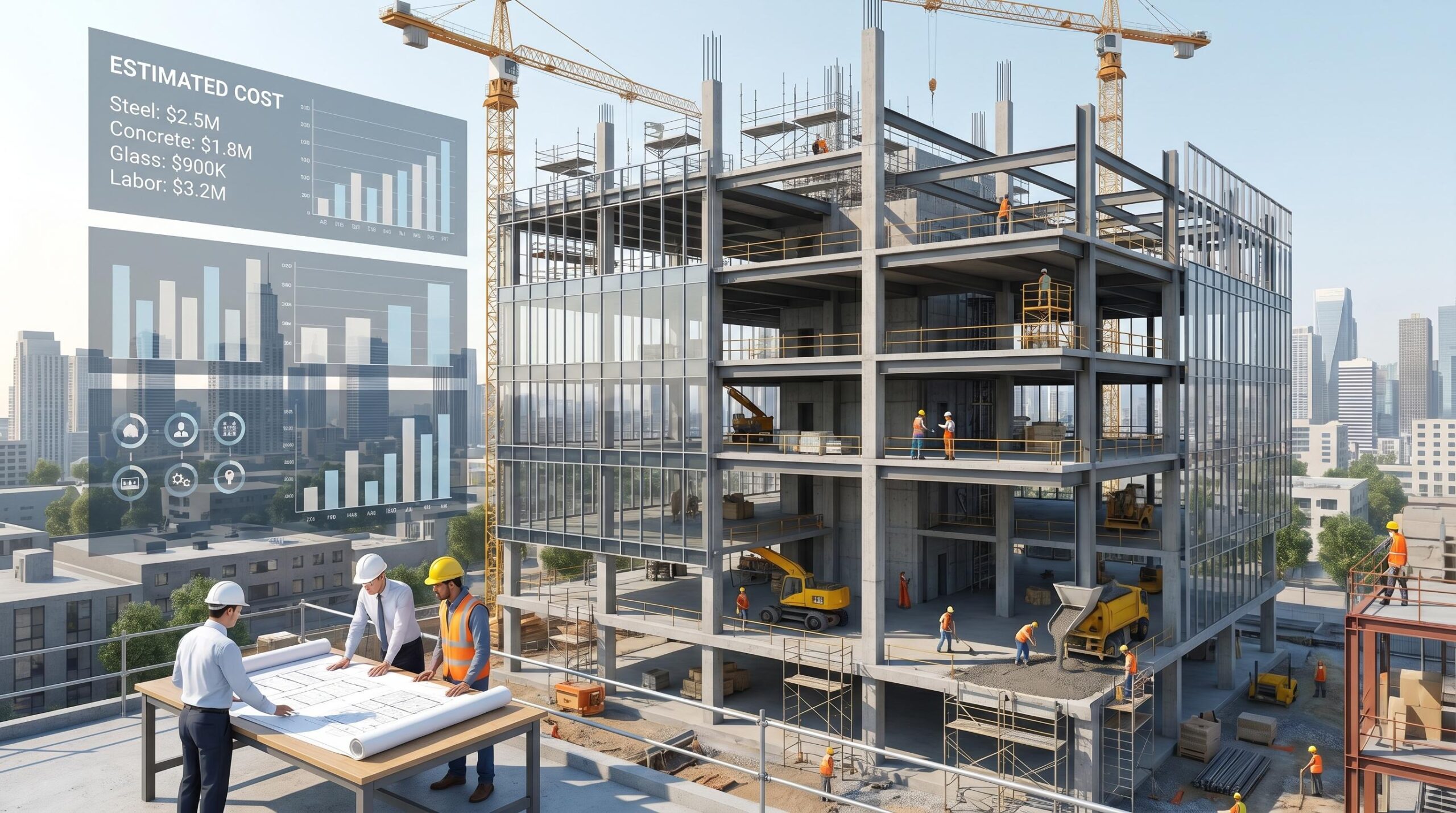 3D visualization of a commercial building under construction, showing structural framework, floor plans, and materials, with cost estimates for steel, concrete, glass, and labor, and architects reviewing blueprints on site.