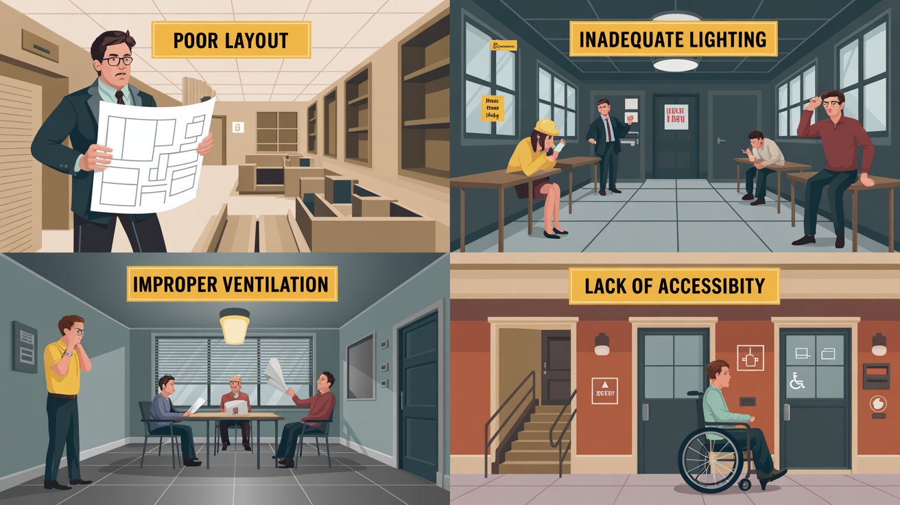 Four images showcasing commercial building design mistakes: poor layout, inadequate lighting, improper ventilation, and lack of accessibility