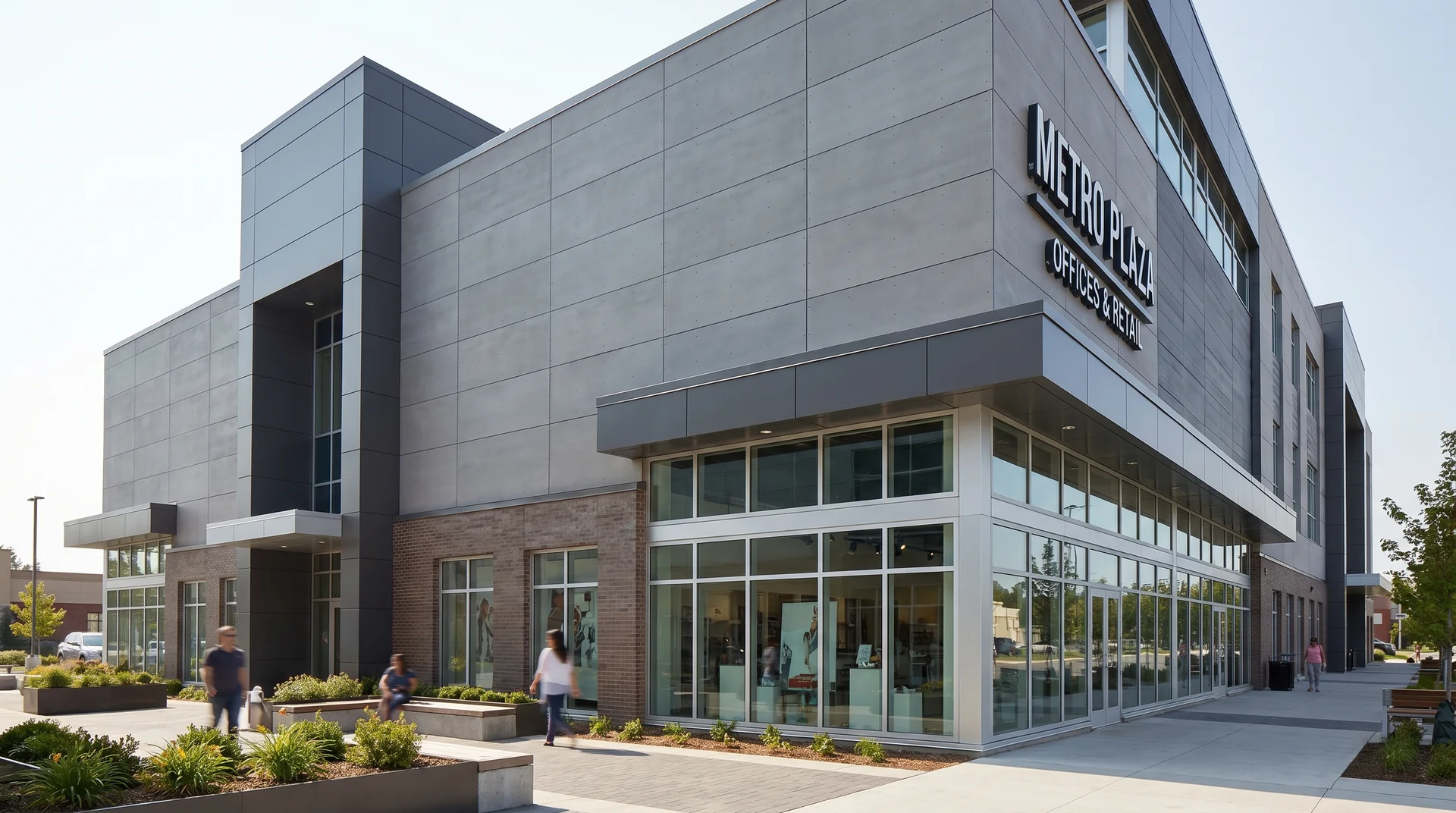 Exterior view of a modern commercial office building with gray siding, brickwork, and large glass windows under a clear sky.