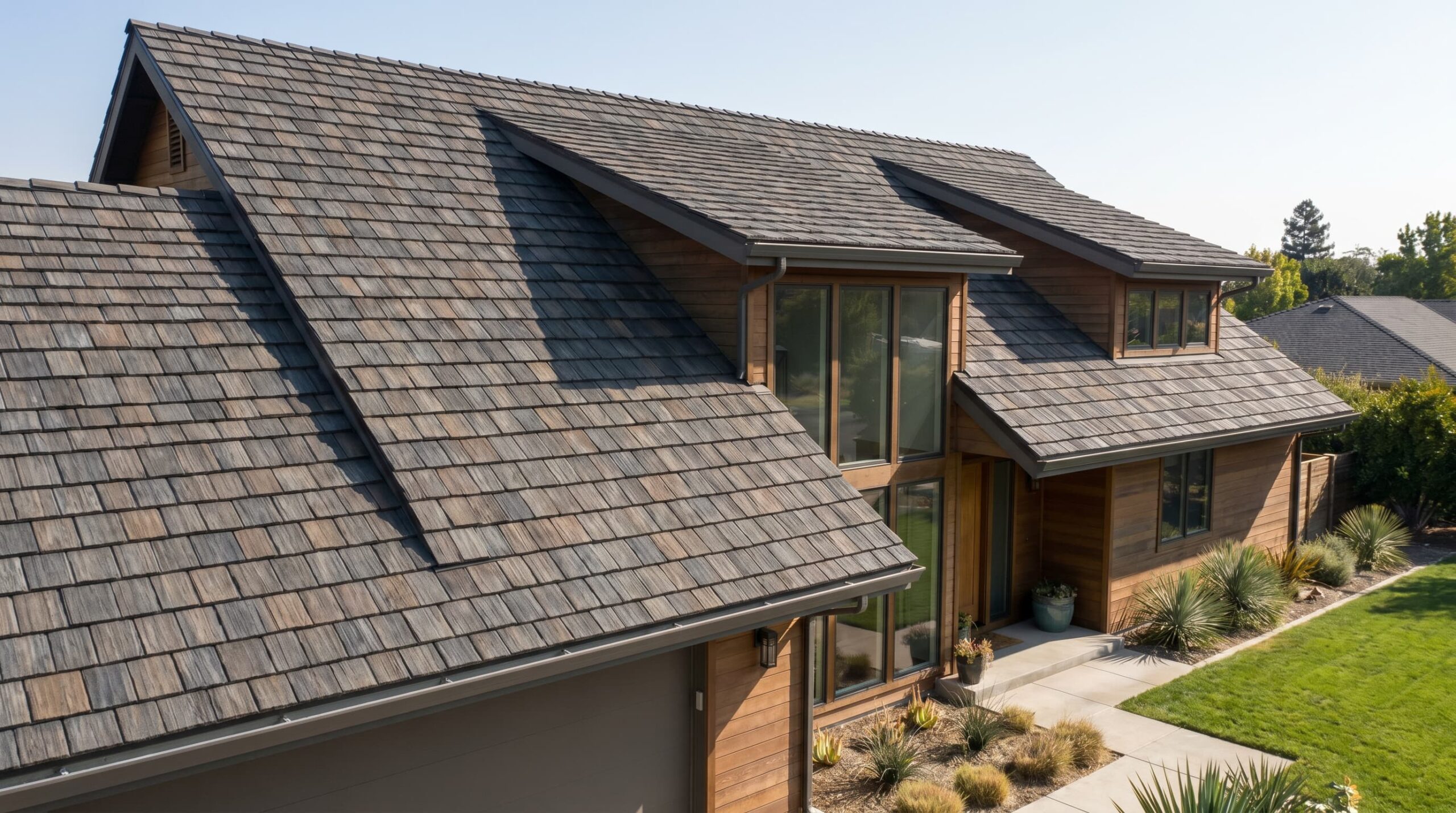 Detailed view of synthetic shingles designed to replicate natural roofing materials like slate or cedar