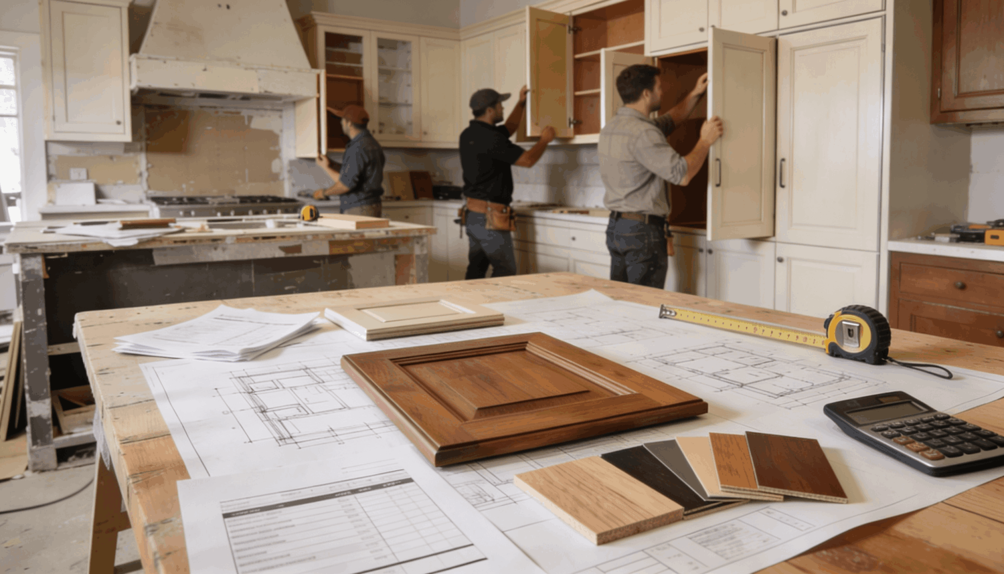 Kitchen renovation planning table with cabinet samples and pricing documents.