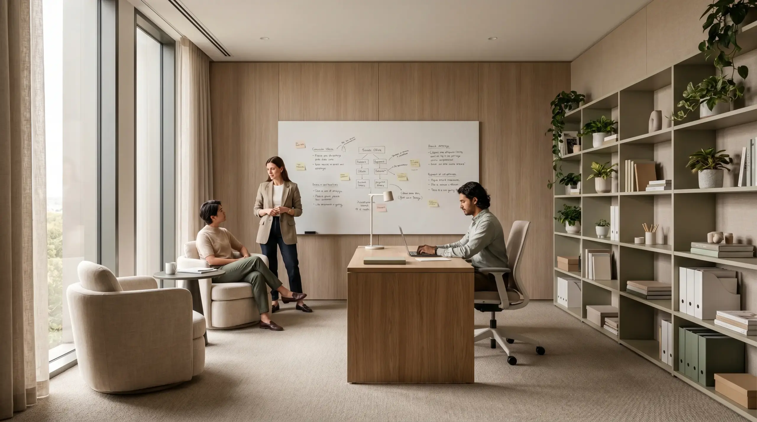 Private office with coworking elements including desk, lounge corner, whiteboard wall, shared shelving with plants, and bright natural light.
