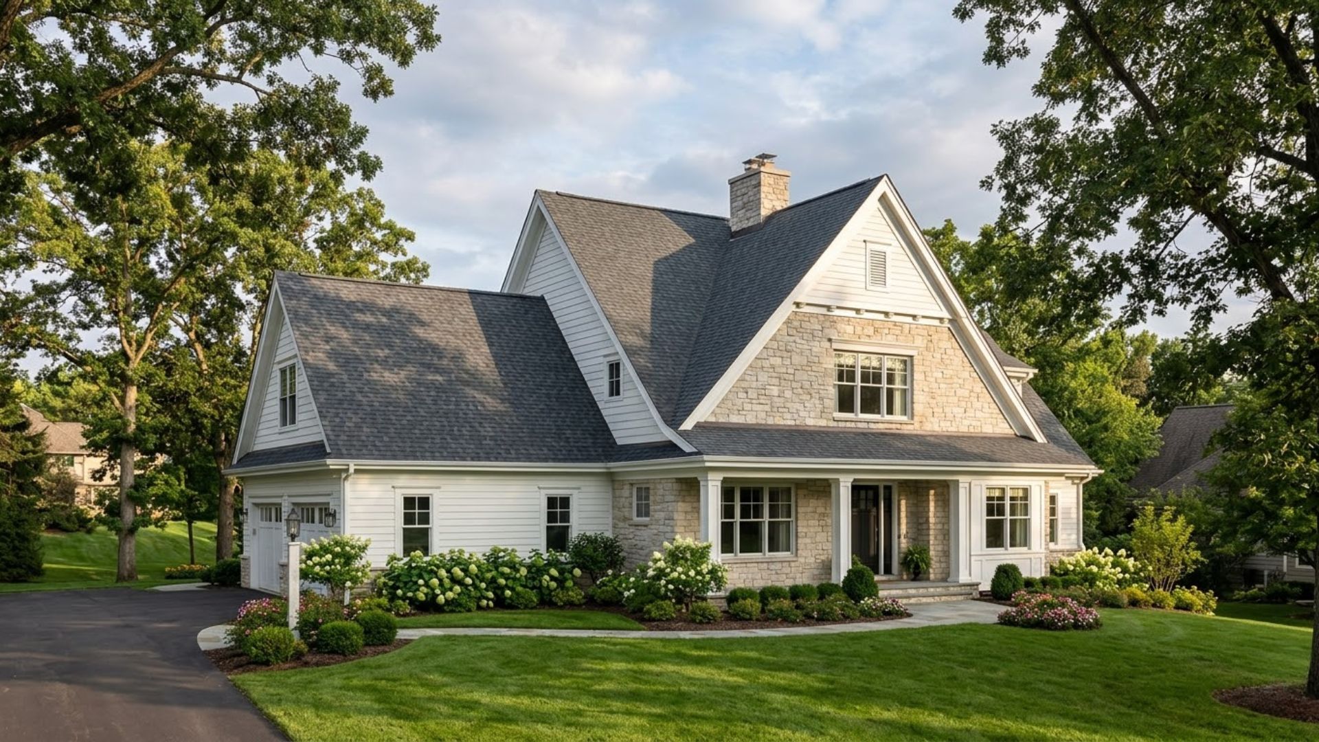 Cross gable roof house with stone facade and landscaped front yard