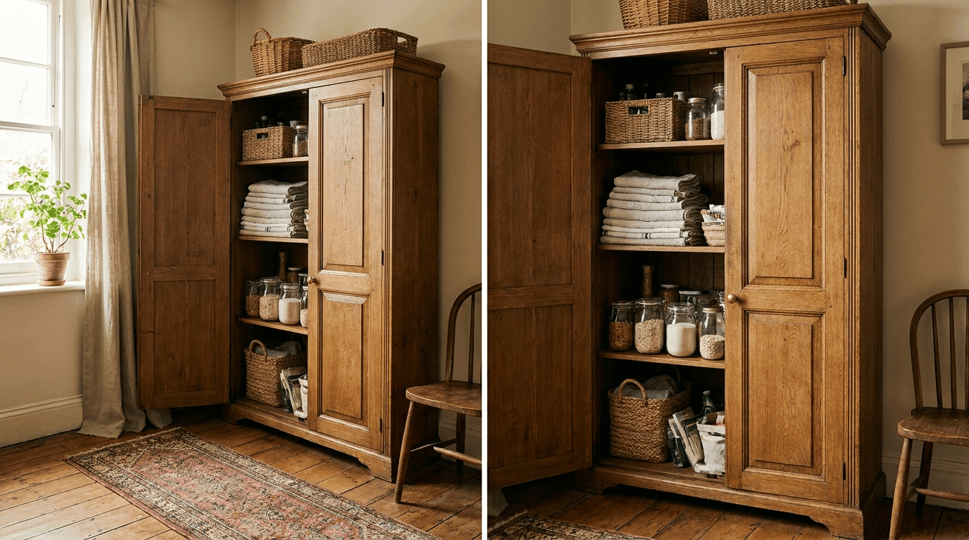 Traditional freestanding cupboard storing linens, baskets, and household essentials.