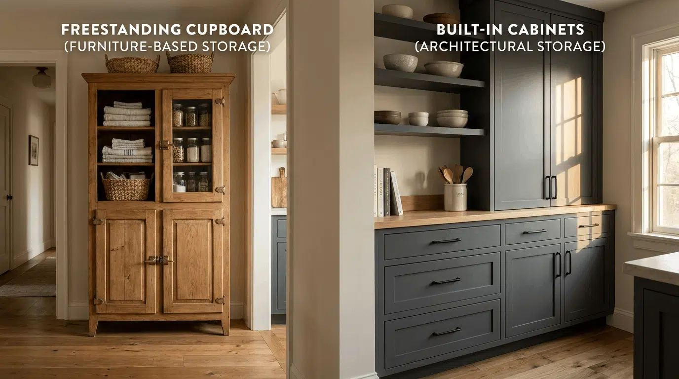 Freestanding cupboard beside modern built-in cabinets inside a warm family home interior.