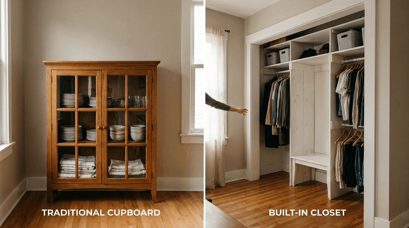 Comparison between a household cupboard and a larger built-in storage closet area.