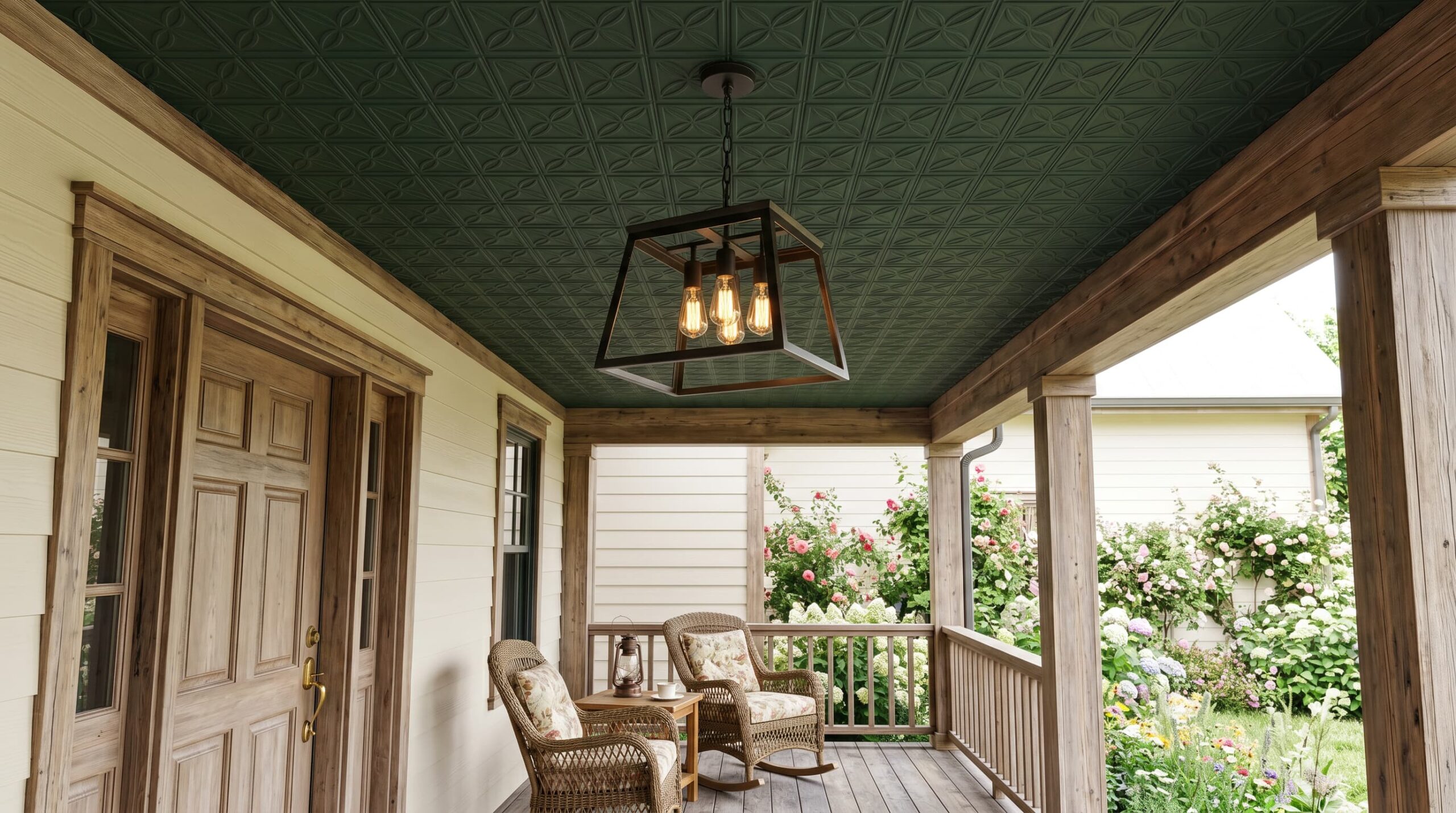 Covered porch with dark decorative ceiling, wooden support beams, hanging lantern, and wicker seating.