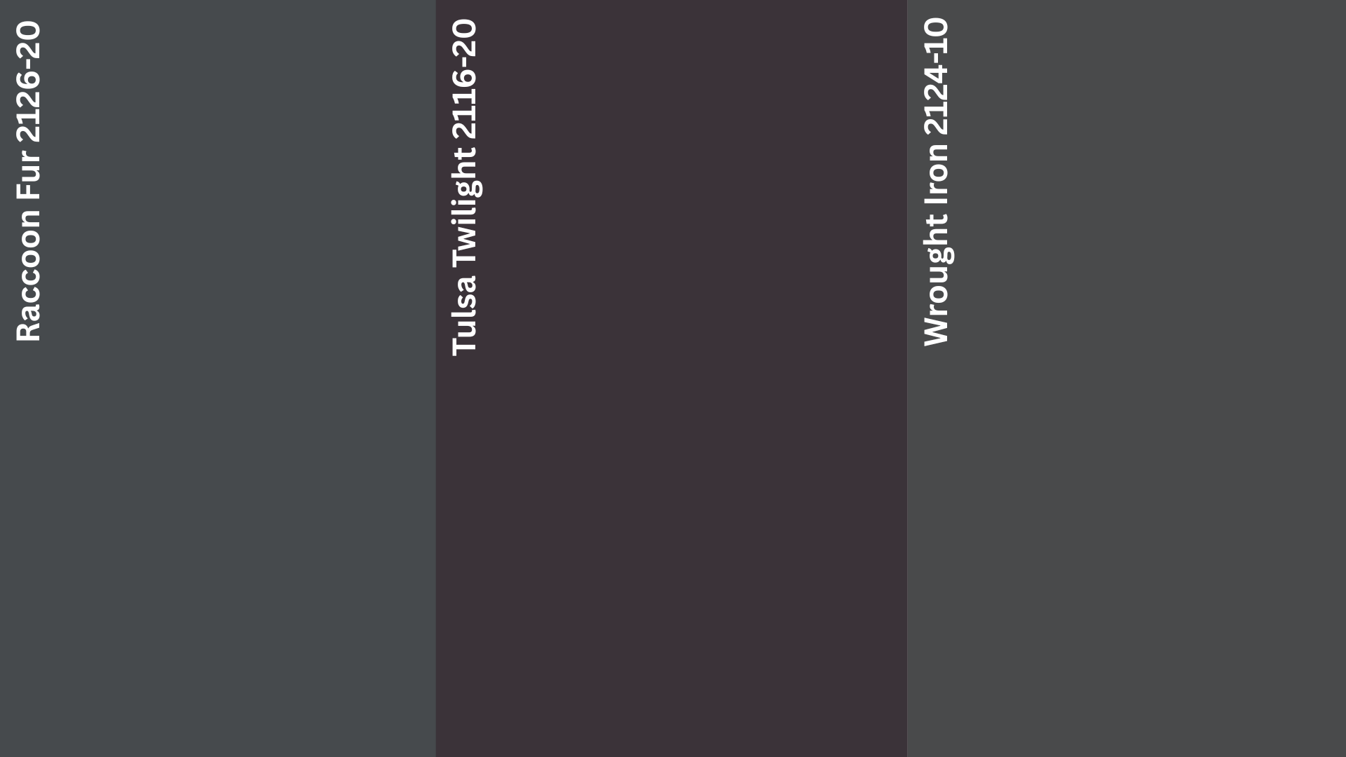 Comparison of Benjamin Moore Raccoon Fur 2126-20, Tulsa Twilight 2116-20, and Wrought Iron 2124-10