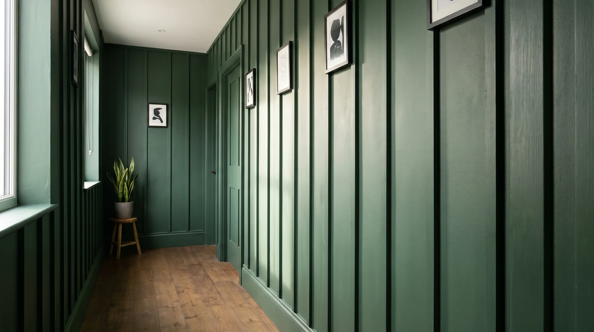 Hallway with floor-to-ceiling deep green board and batten, matching doors, wooden floor, framed wall art, natural light.