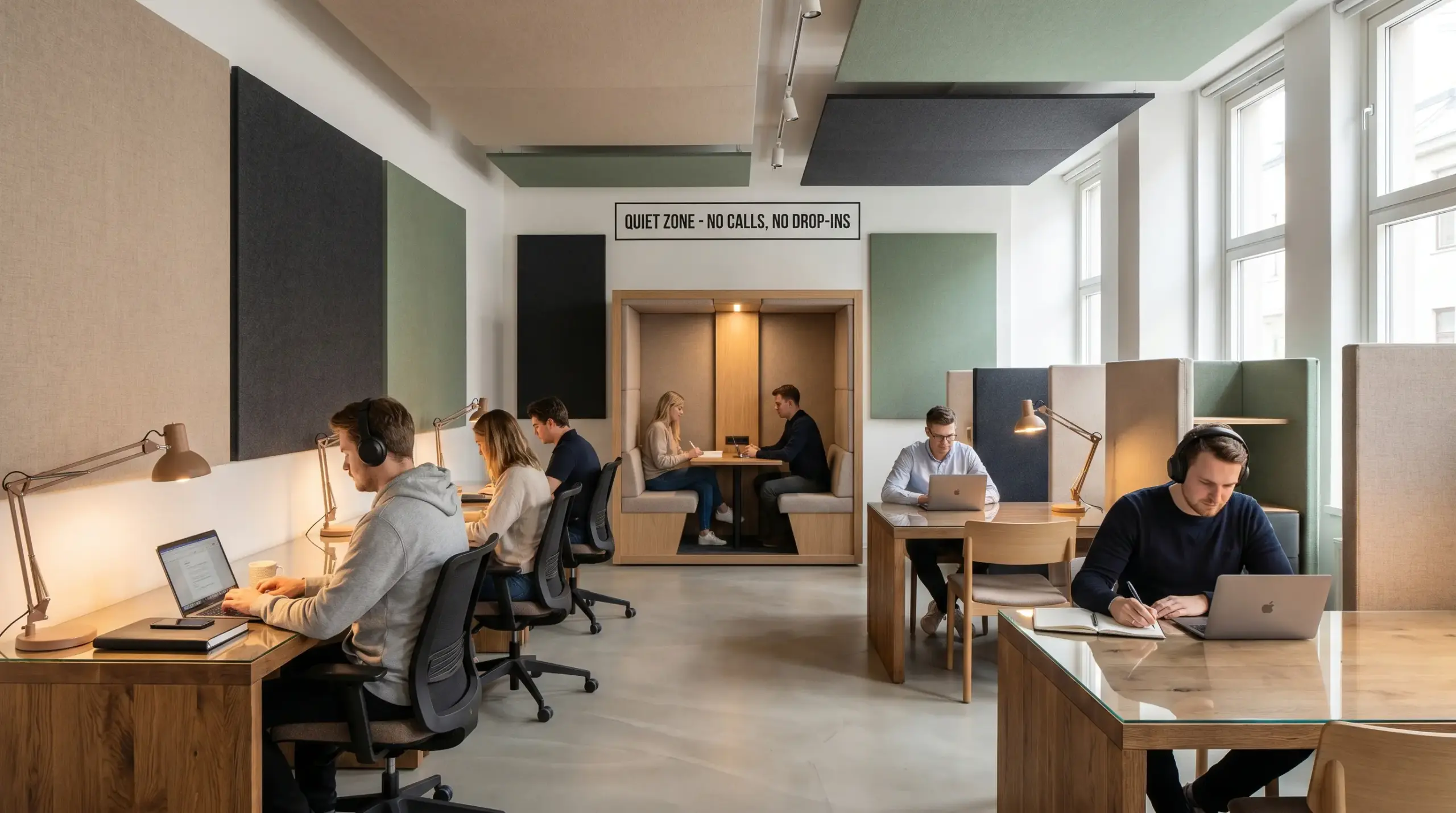Focus-first office zone with quiet area, acoustic booths, single-direction desks, sound-absorbing panels, and employees working individually.