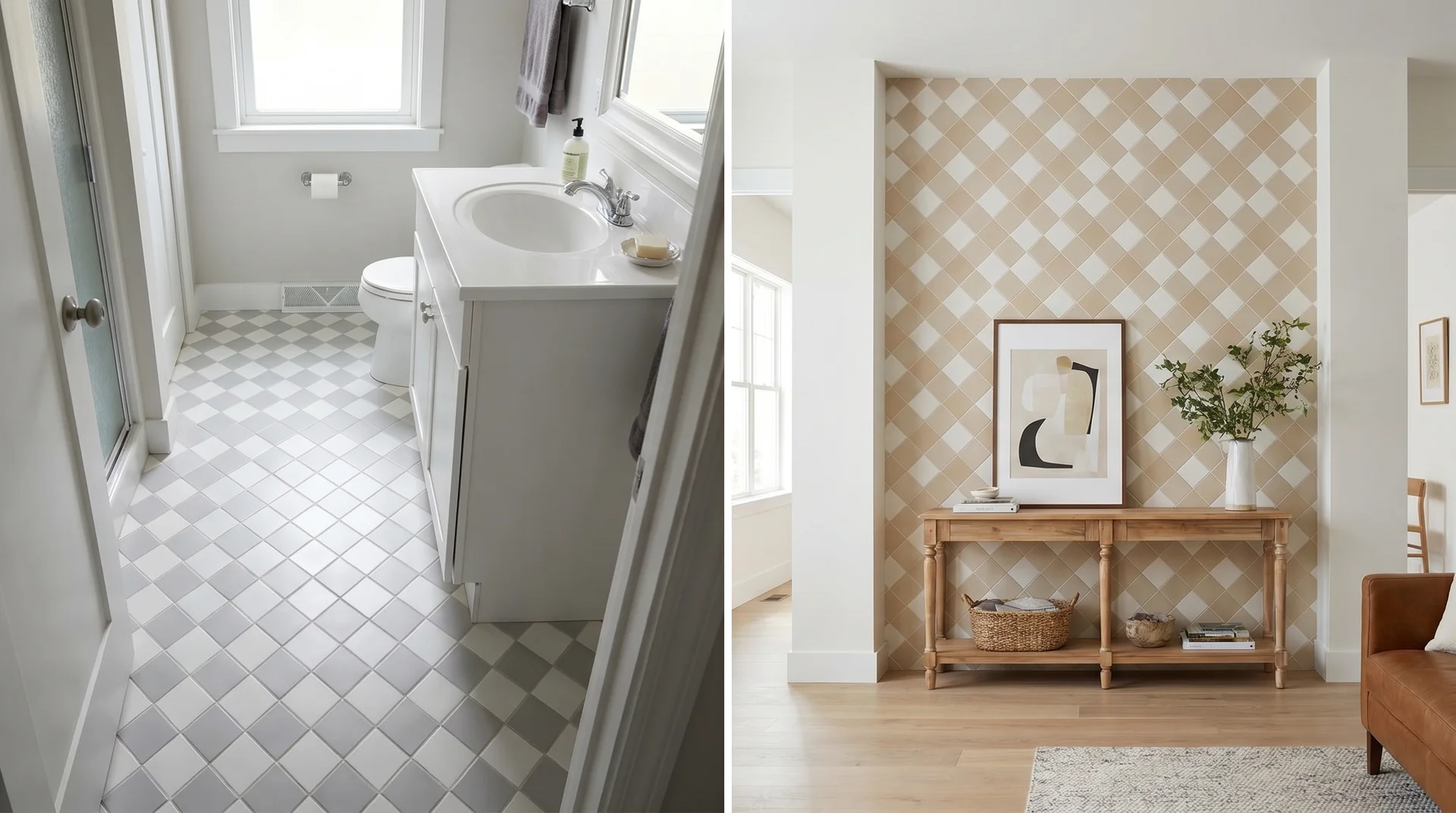 Diagonal diamond pattern with gray and white tiles on the left floor and beige and white tiles on the right wall feature wall.