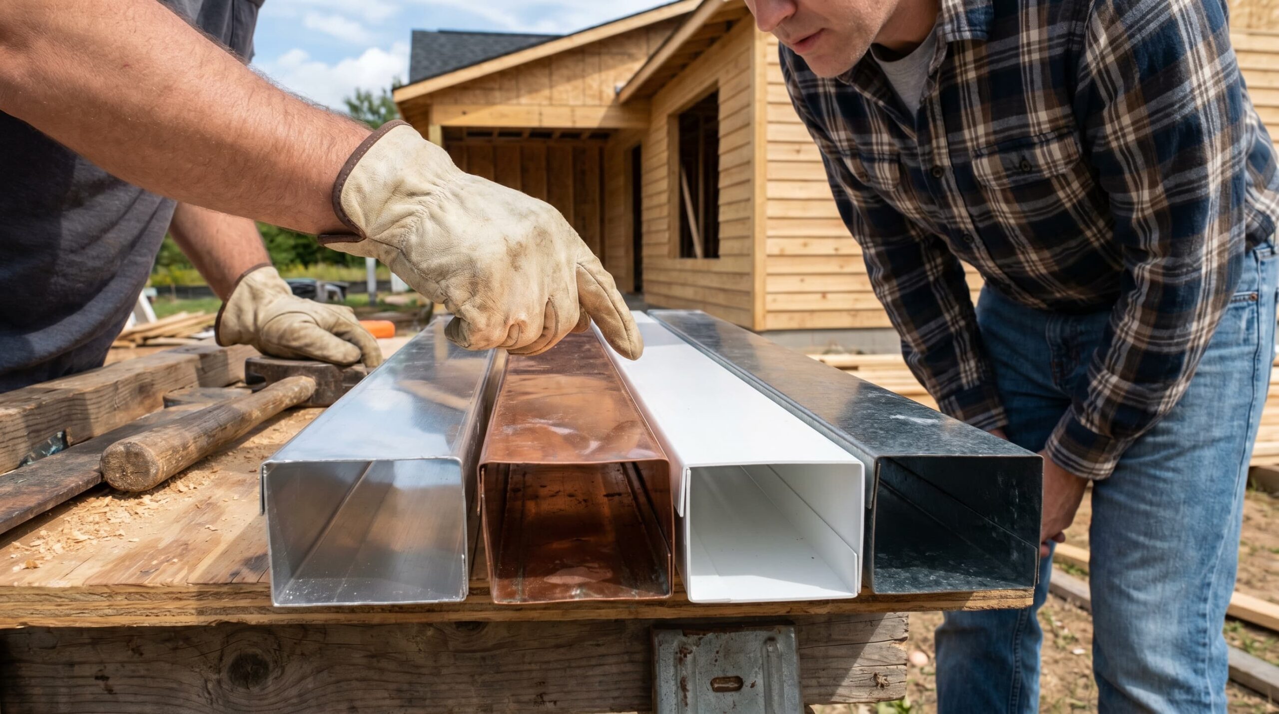 “Close-up of seamless gutter materials including aluminum, copper, and vinyl on a workbench, each with a visible price tag