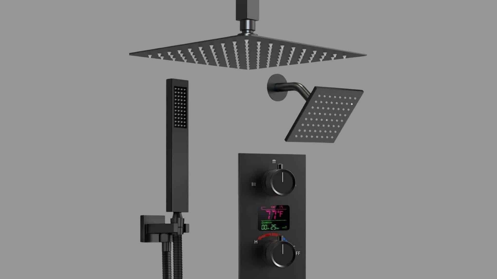 Black digital shower system with overhead rain shower, handheld wand, digital temperature display, and smart control panel.