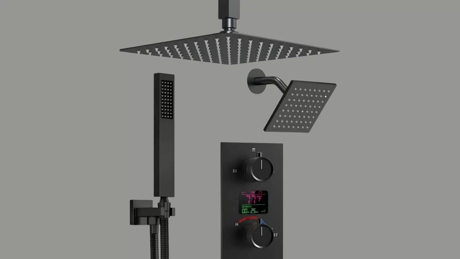 Black digital shower system with overhead rain shower, handheld wand, digital temperature display, and smart control panel.