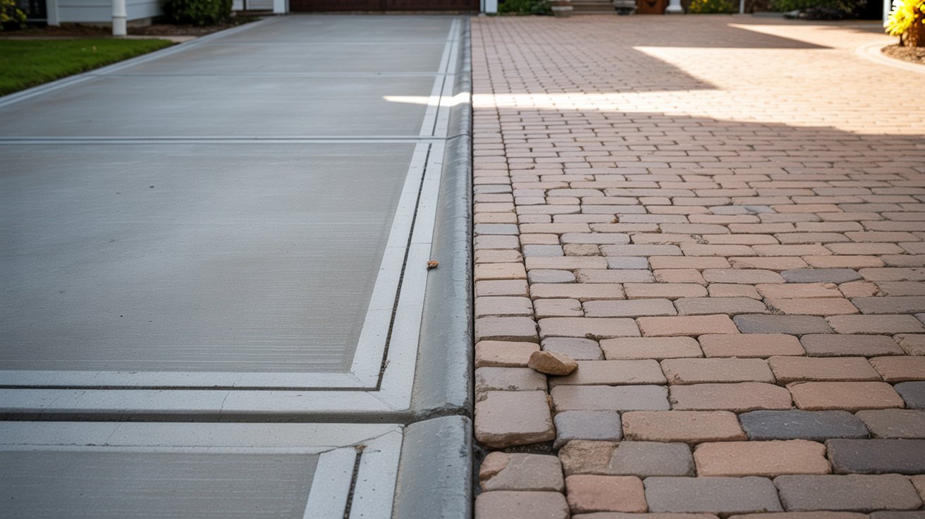 Side-by-side comparison of a smooth, light gray concrete driveway and a textured brick paver driveway.
