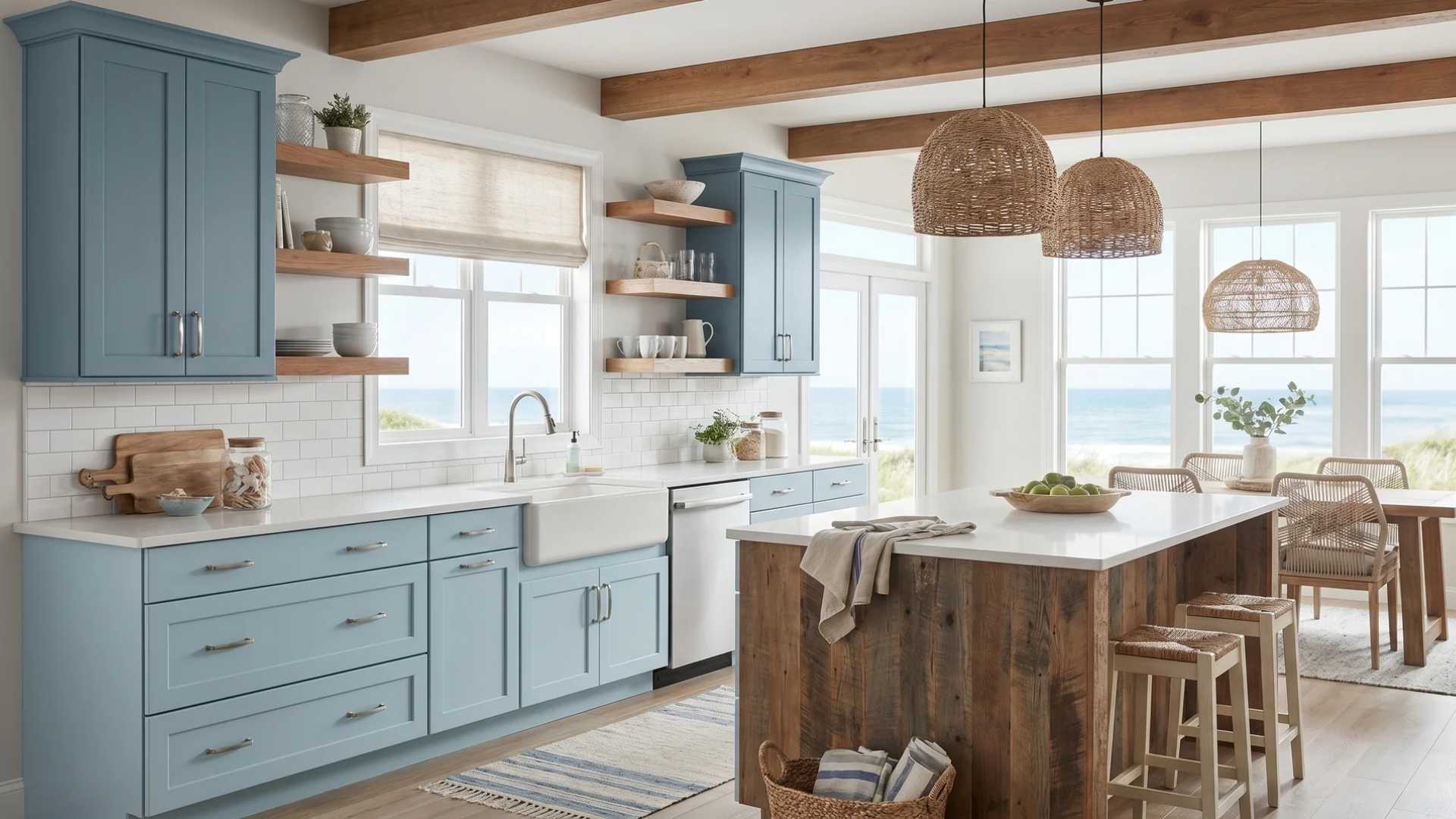 Coastal-inspired kitchen with dusty blue painted kitchen cabinets, a natural wood island, and open shelving, brightened by large windows.