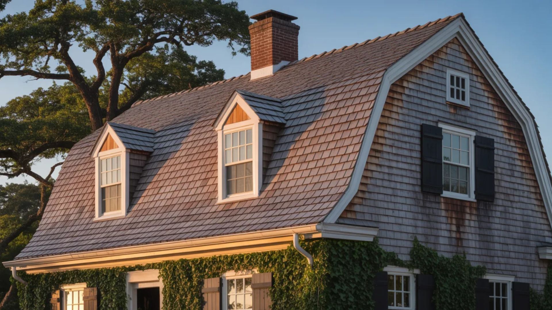 Dutch gable roof house with dormer windows and ivy-covered exterior