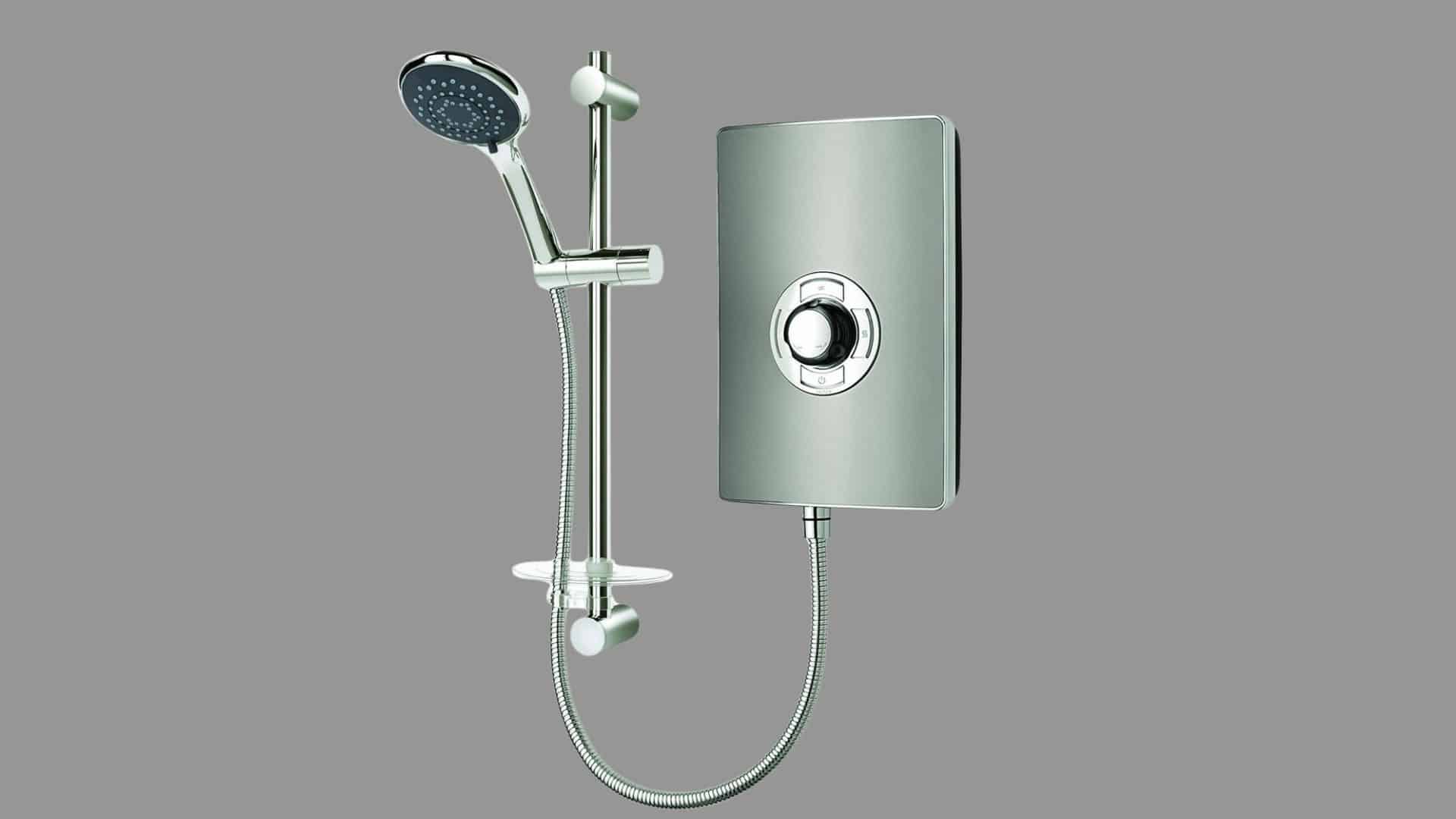 Wall-mounted electric shower unit with handheld showerhead, adjustable rail, hose, and integrated temperature control dial.