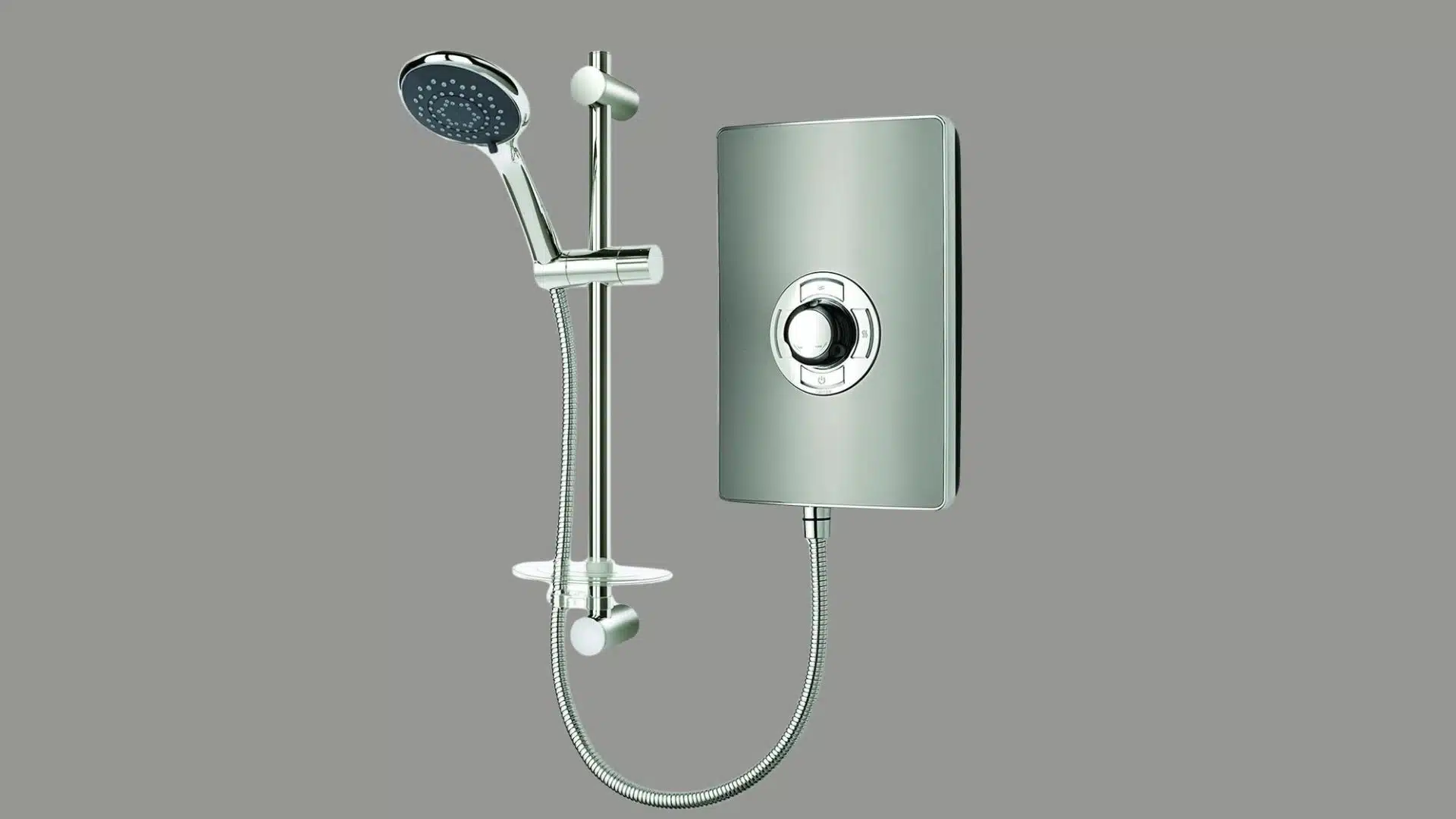 Wall-mounted electric shower unit with handheld showerhead, adjustable rail, hose, and integrated temperature control dial.
