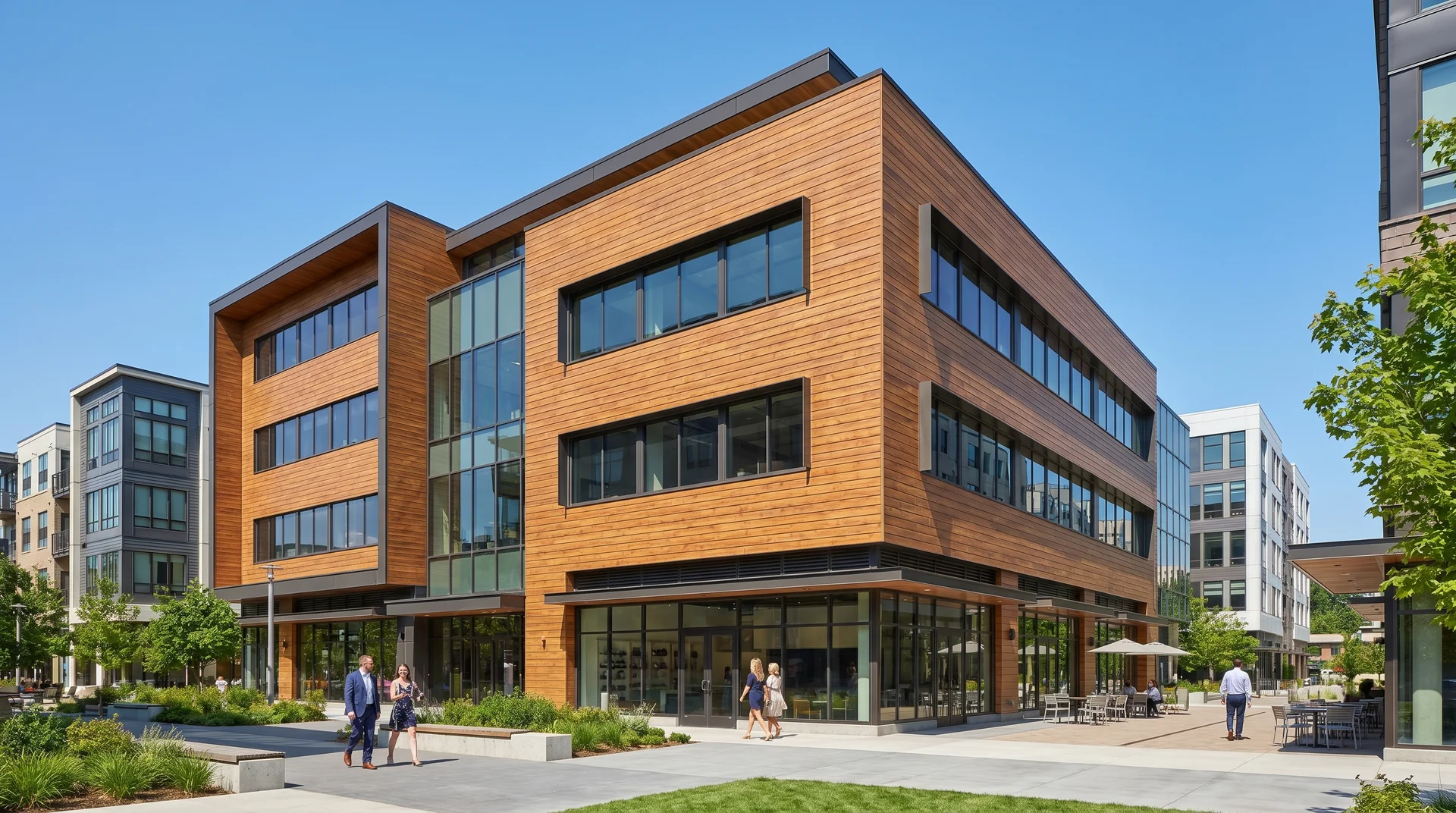 Modern commercial property showcasing horizontal engineered wood siding panels and contemporary architecture.