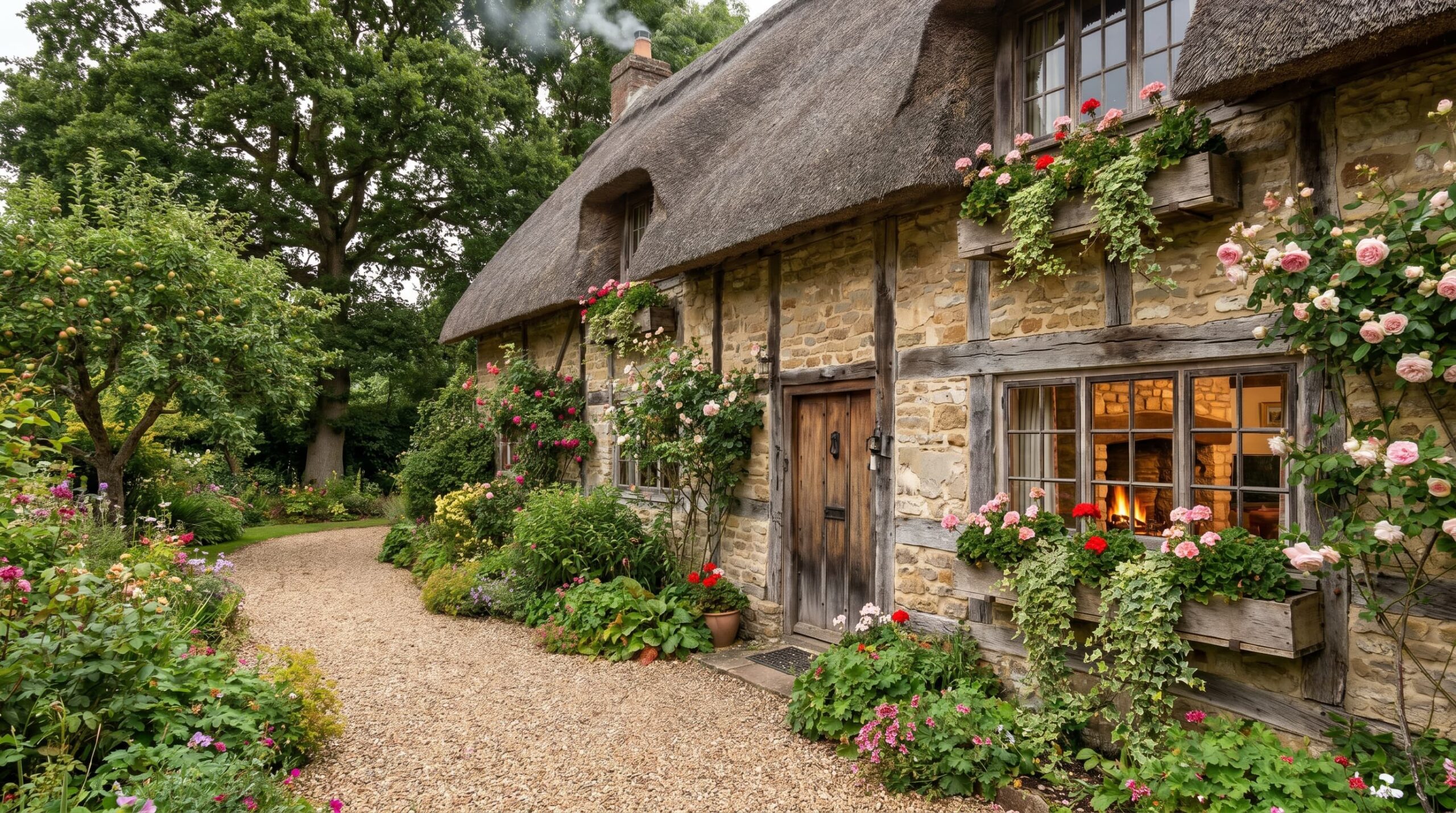 A cozy English Country house with a stone exterior, thatched roof, rustic wooden door, and lush garden.