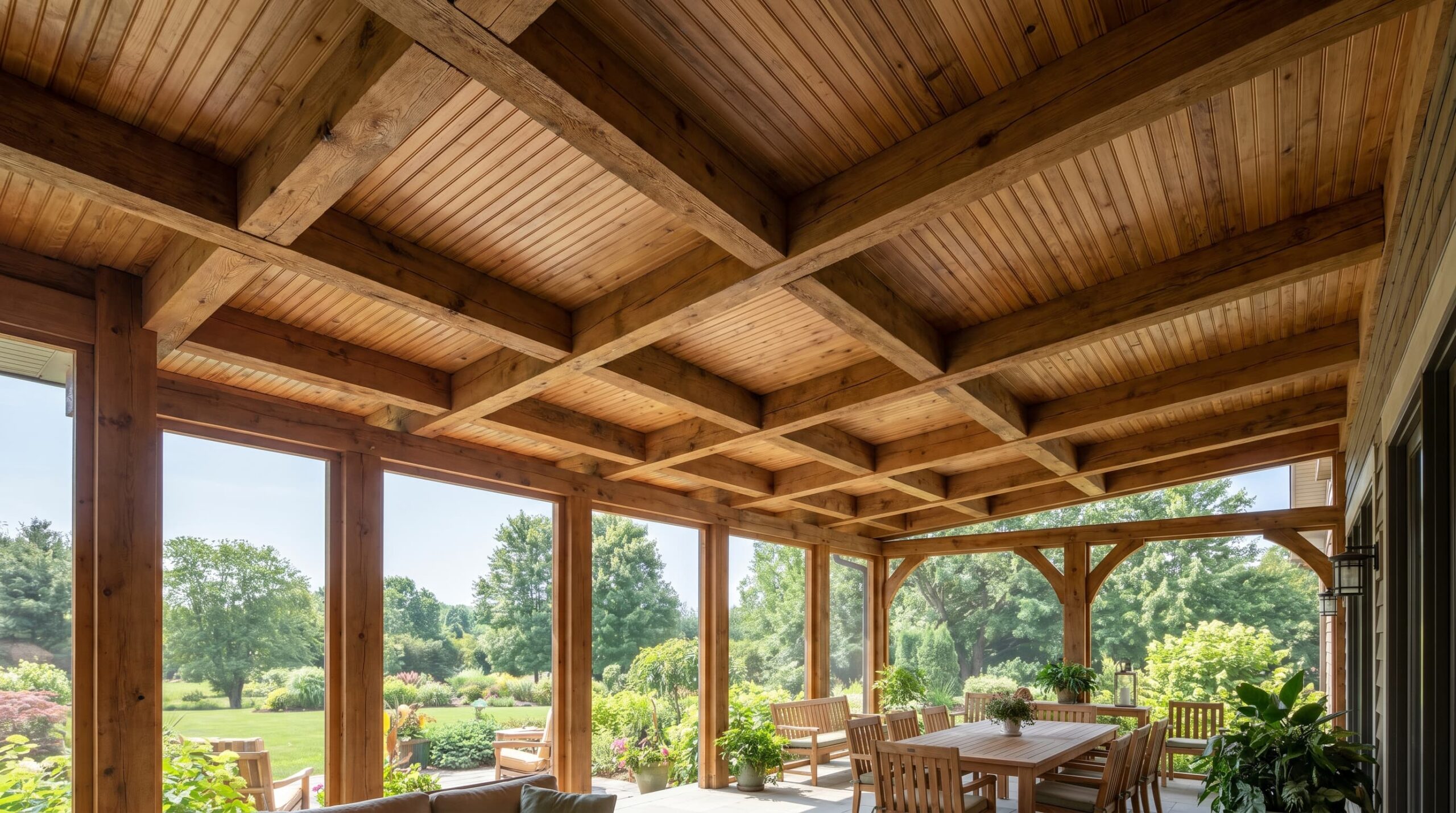 Spacious covered porch with exposed wooden beams, coffered ceiling, dining table, and scenic garden view.