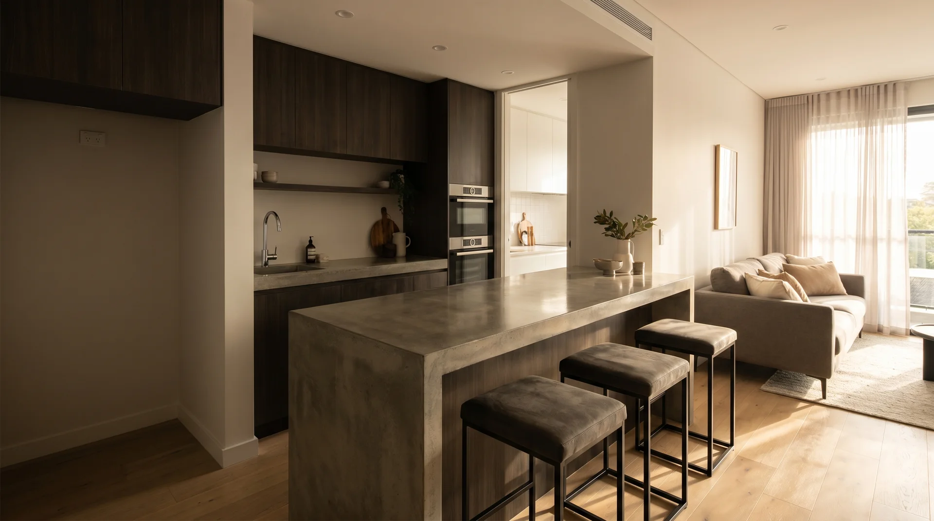 Extended concrete kitchen countertop bar with gray stools facing a minimalist living room with a beige sofa.