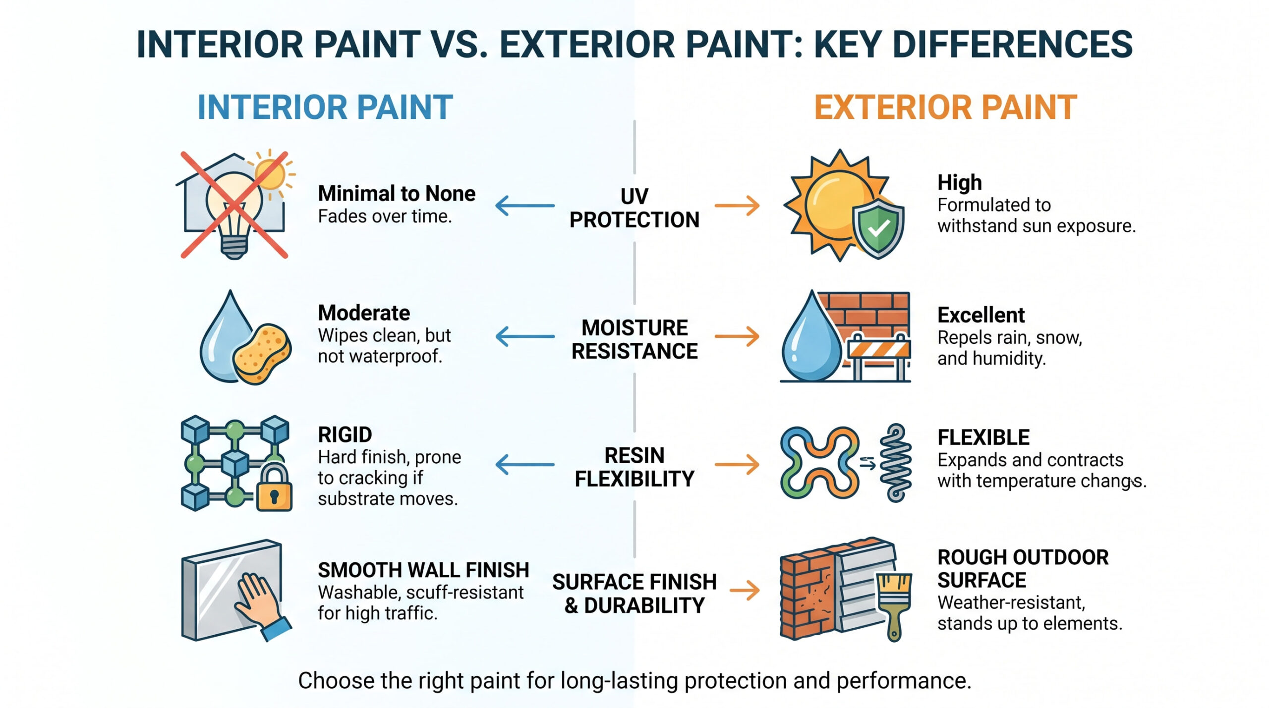 Infographic chart comparing interior vs exterior paint across UV, moisture, resin, and finish differences.