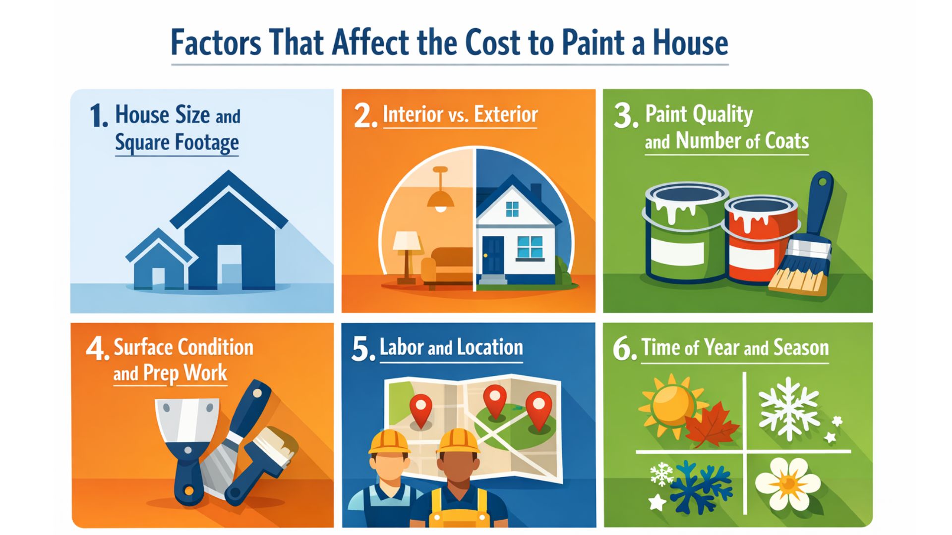 infographic showing factors affecting house painting cost, including size, interior vs exterior, paint quality, prep work, labor, and season