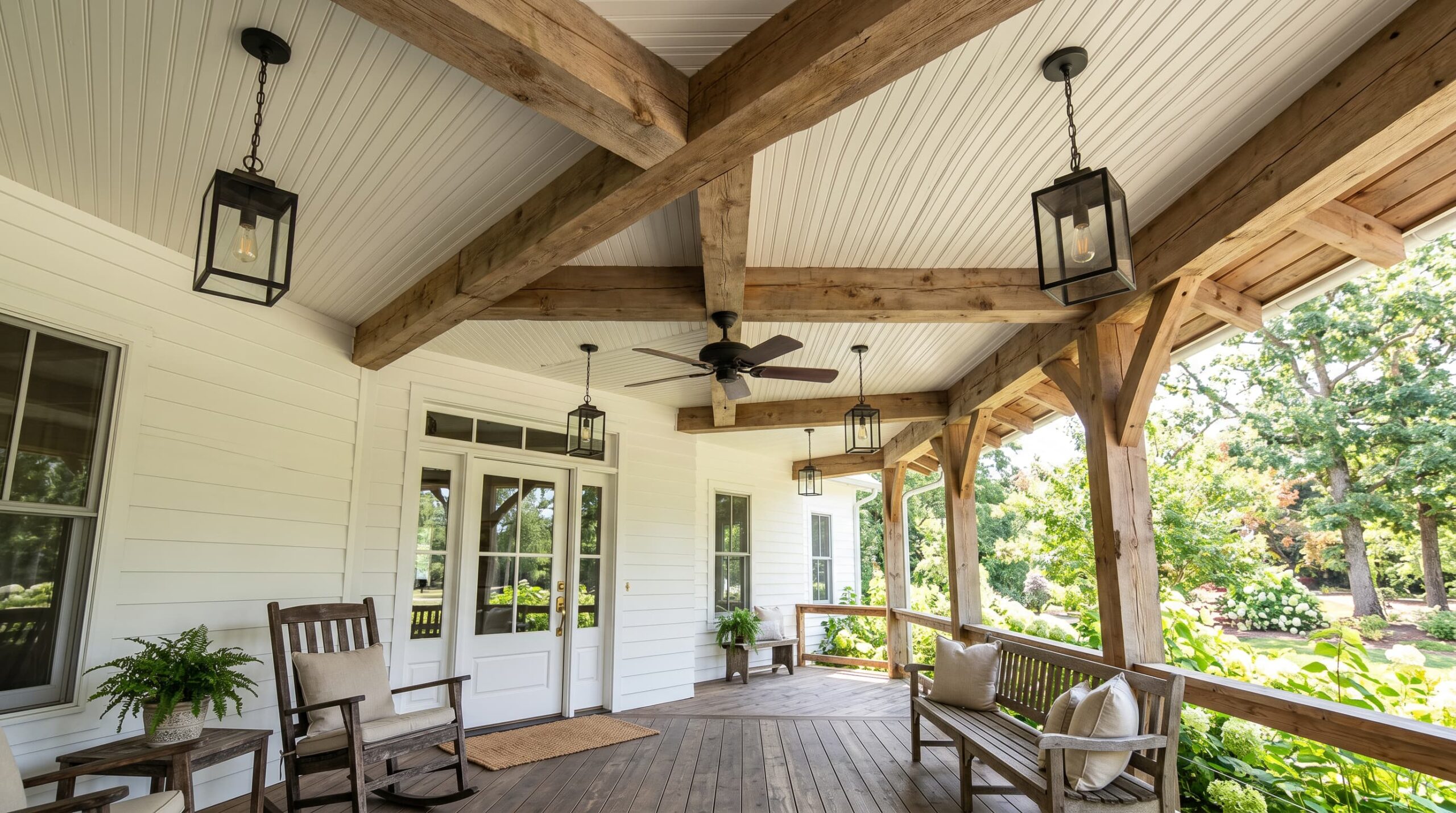 Spacious covered porch with wooden beams, ceiling fan, hanging lanterns, rocking chairs, and garden view.