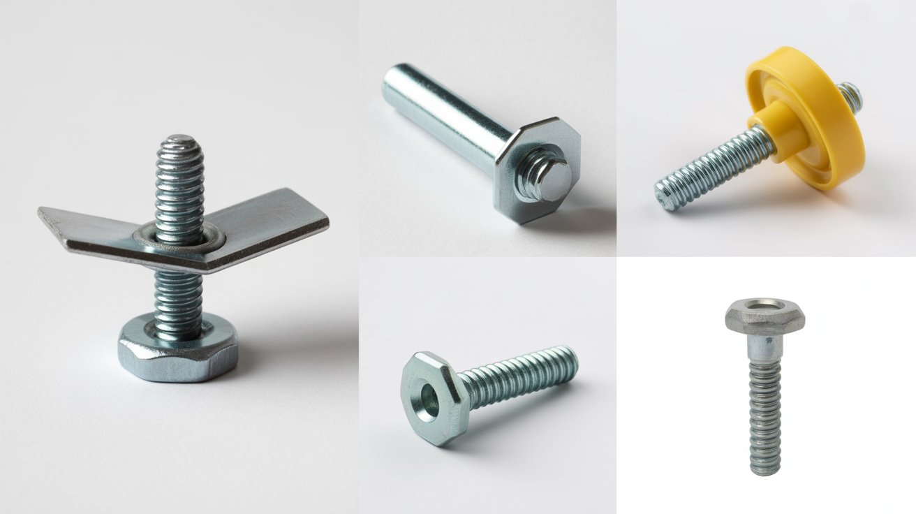 A collection of various drywall anchors and screws, including toggle bolts and plastic expansion anchors, on a white background.