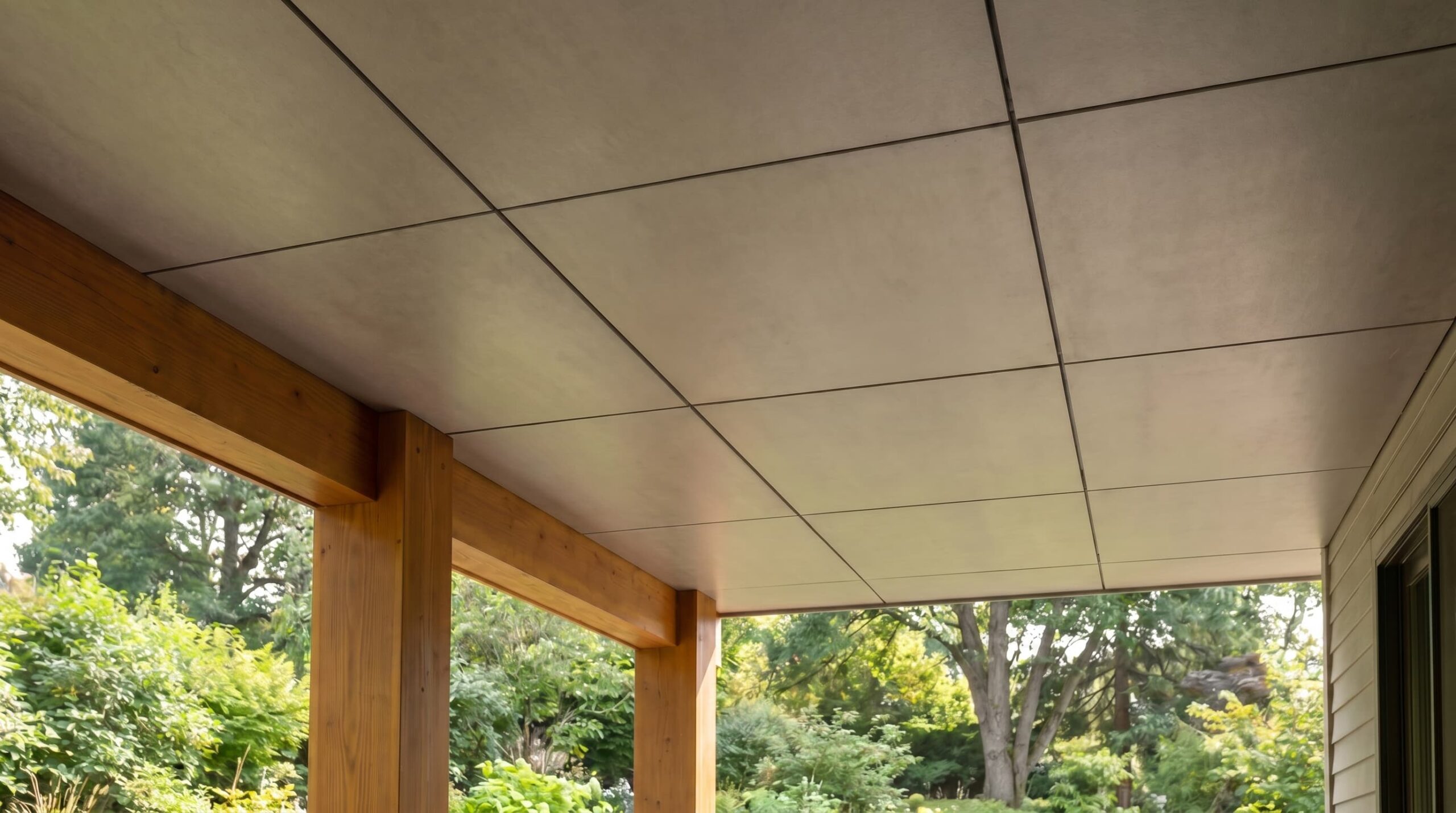 Covered porch with modern panel ceiling, wooden support beams, and lush green garden view.