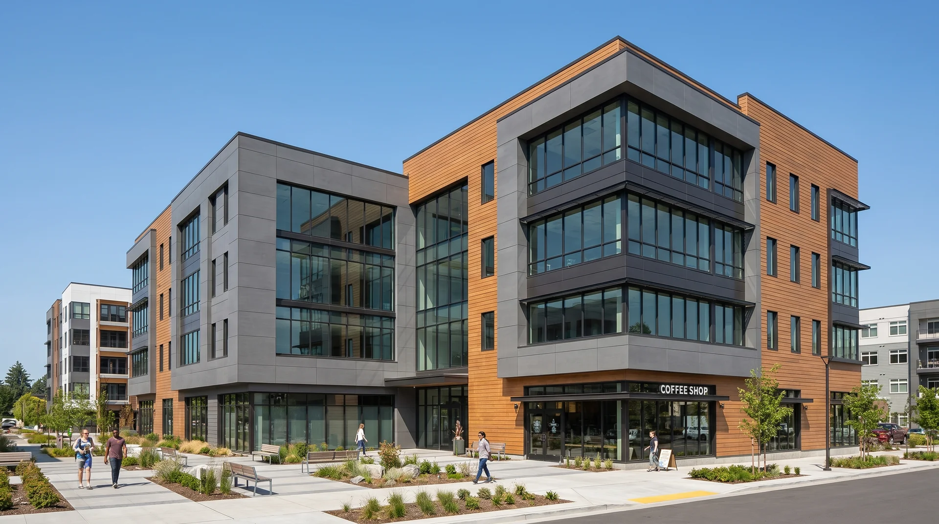 Exterior view of a modern commercial office building with gray fiber cement siding panels and large windows.