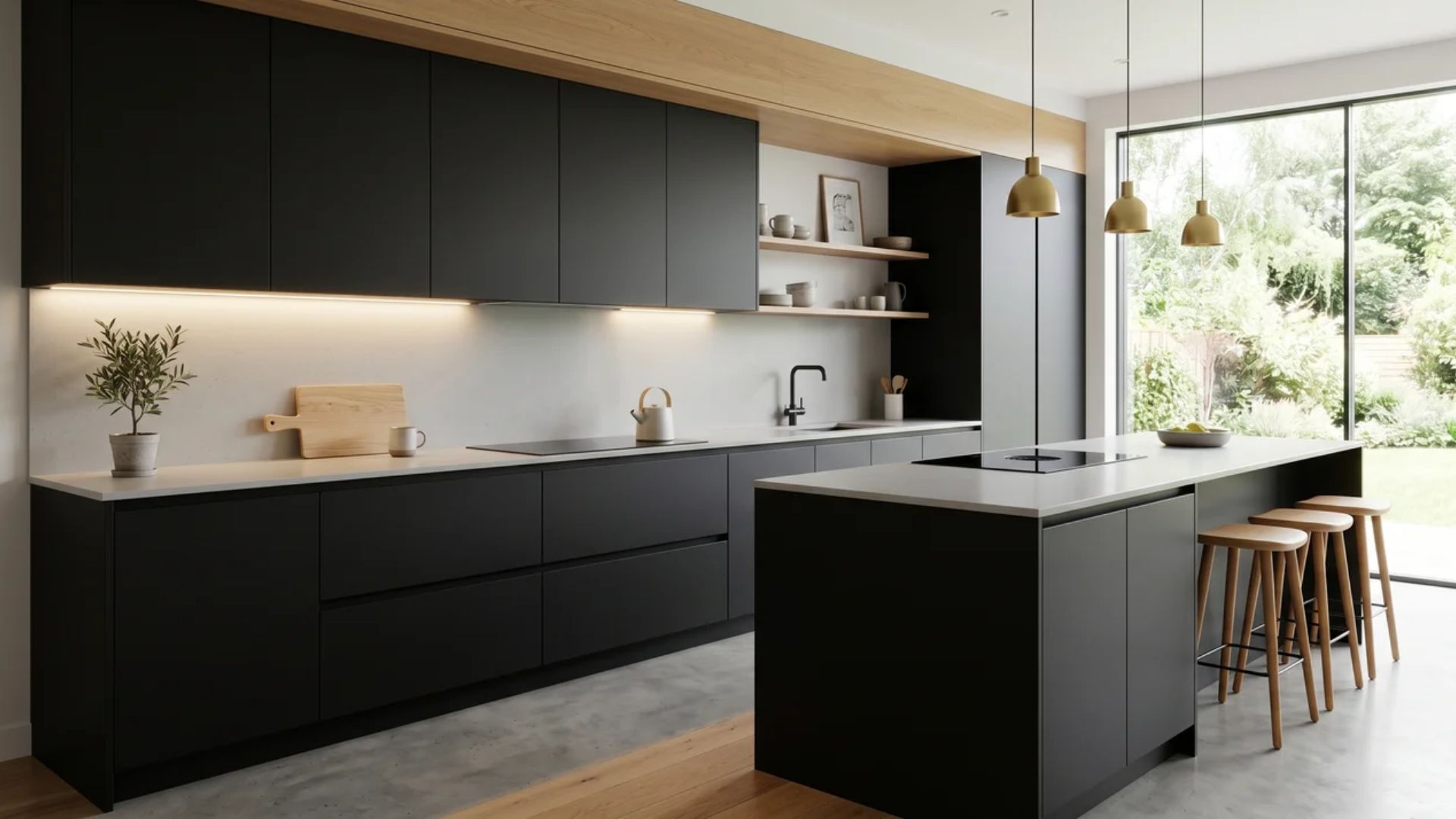 Modern, minimal matte black full overlay kitchen cabinets with a flat panel slab design, featuring a matching black island and light wood accents.