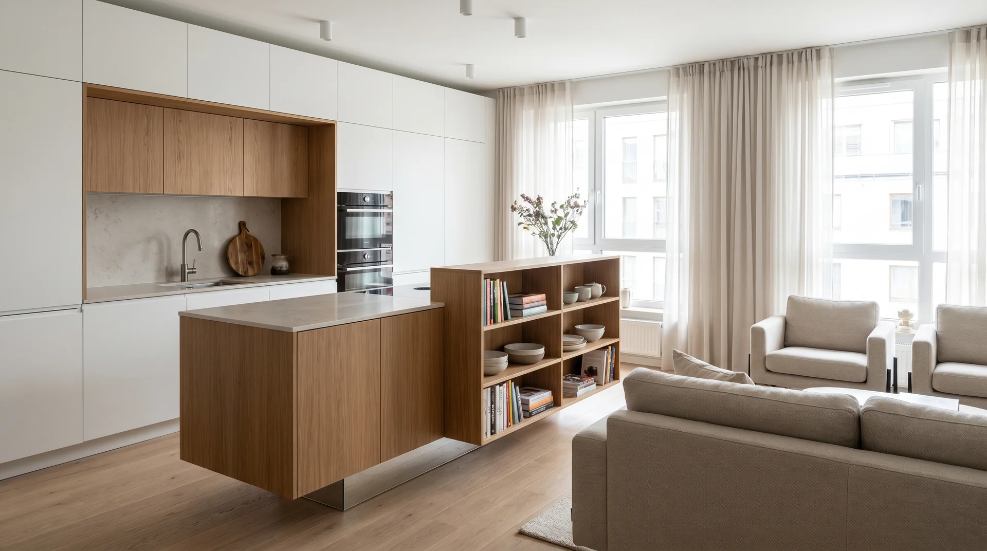 Light wood floating kitchen island with built-in shelves separating a modern white kitchen from a neutral living room.