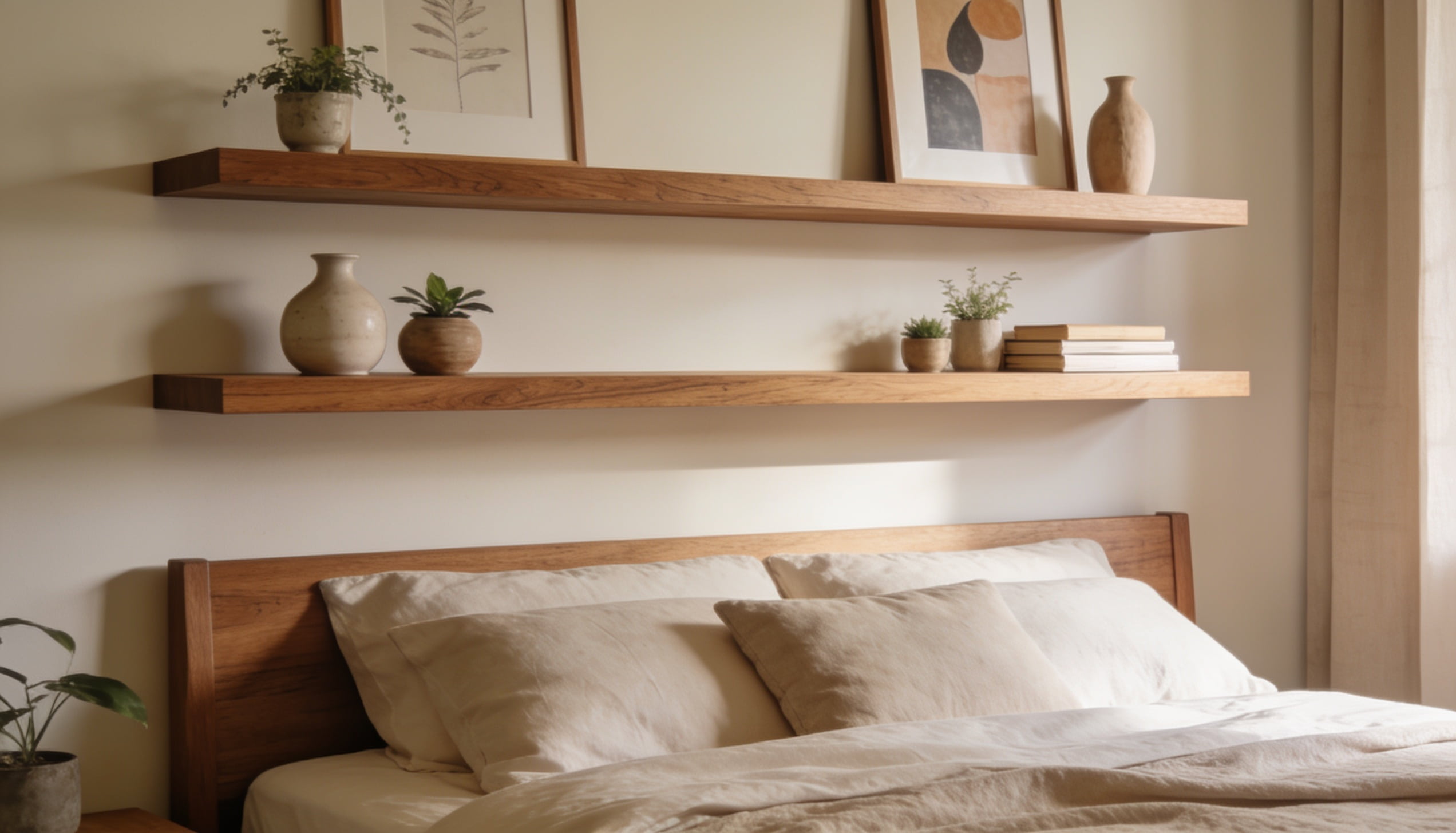 Wall decor for bedroom with floating wood shelves displaying framed art, plants, and decorative accessories.