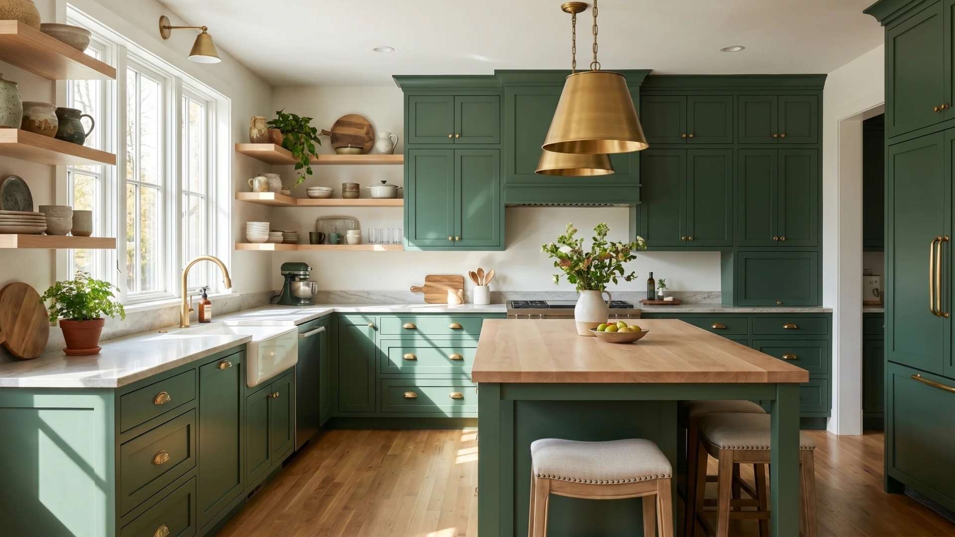 Forest green painted kitchen cabinets paired with light wood countertops and gold hardware in a bright kitchen.