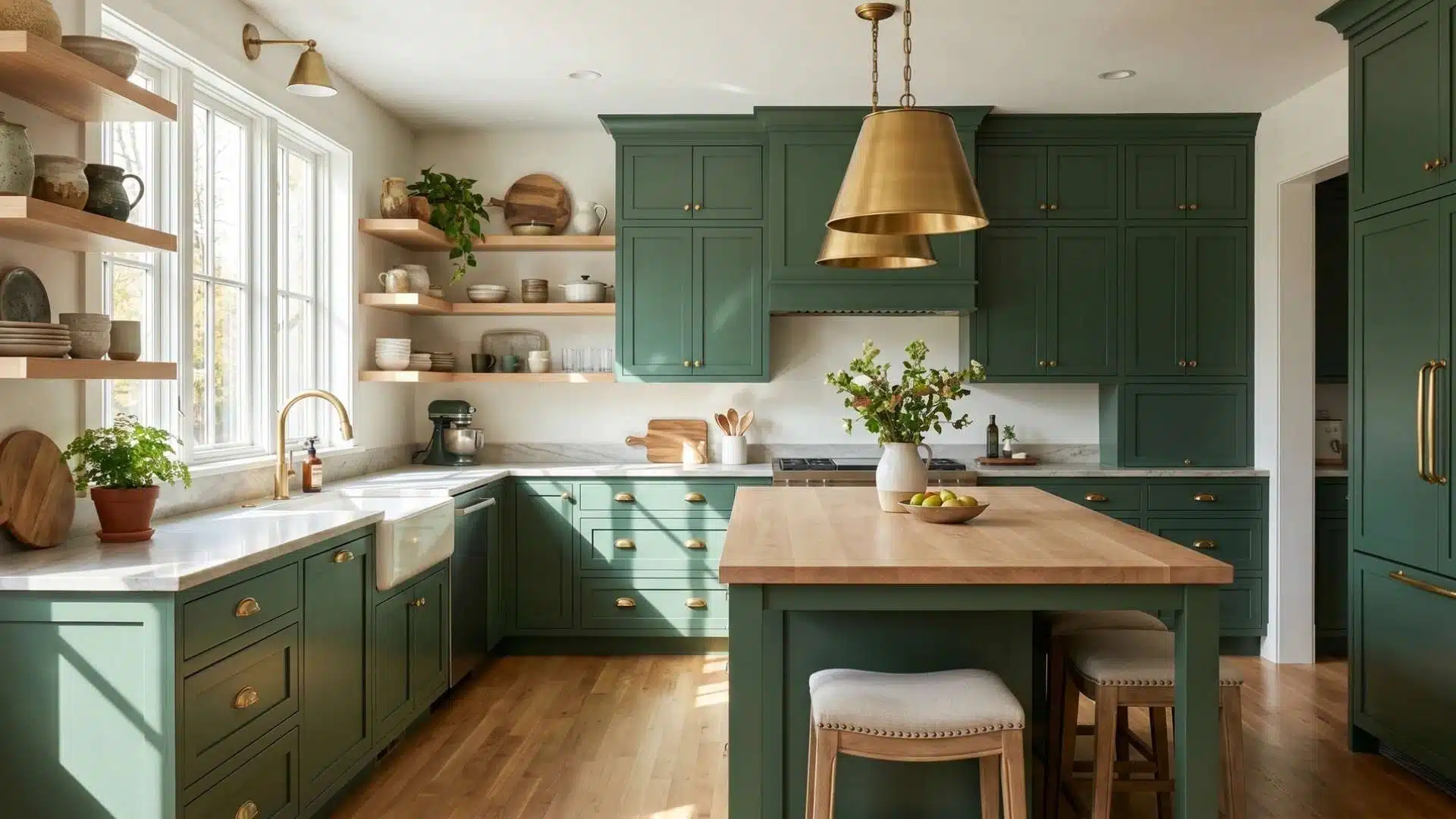 Forest green painted kitchen cabinets paired with light wood countertops and gold hardware in a bright kitchen.