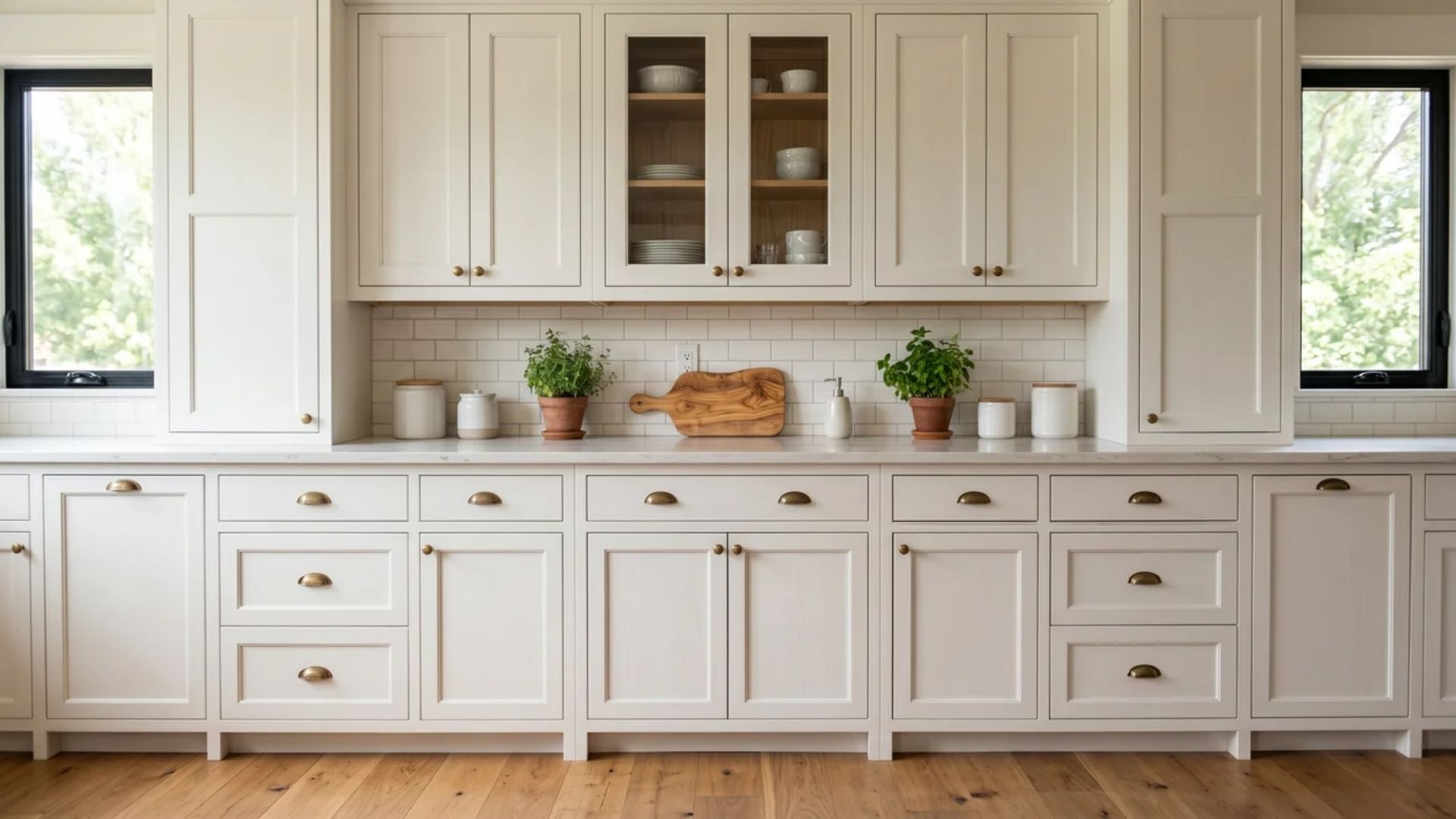 Framed full overlay kitchen cabinets with shaker doors showing minimal face frame in a transitional kitchen style