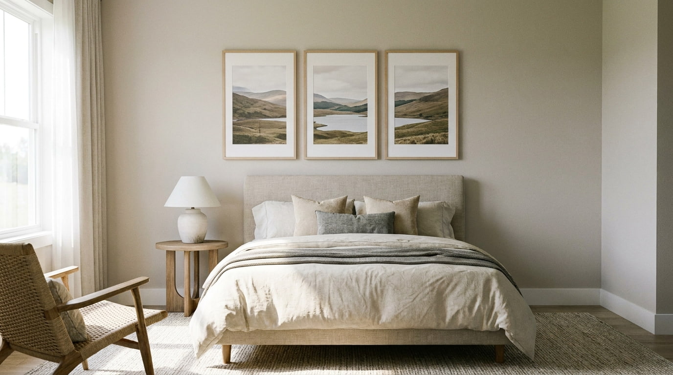 Wall decor for bedroom with framed triptych artwork arranged above bed for balanced visual symmetry.