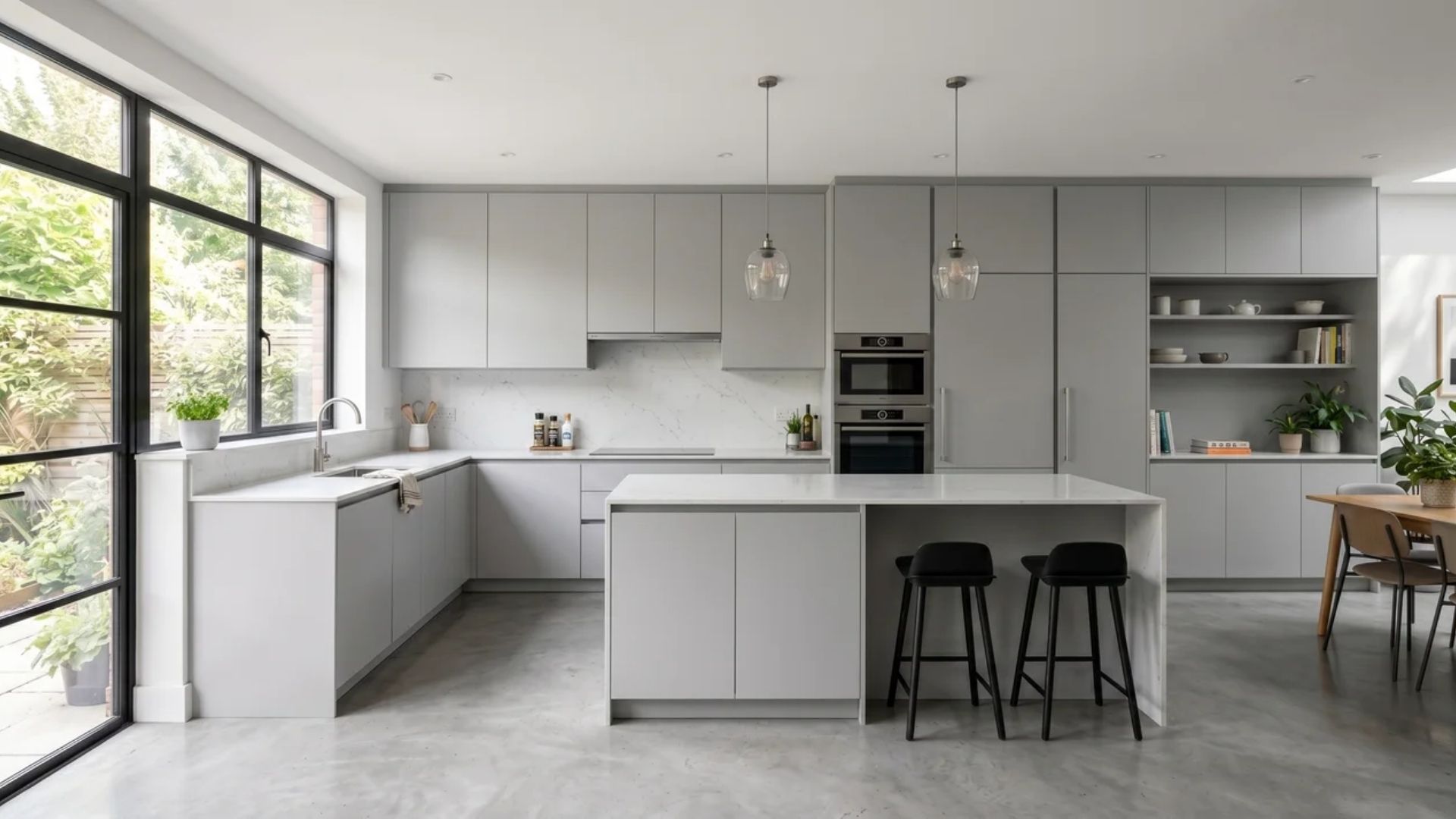 Frameless full overlay cabinets in modern kitchen with flush European style doors and minimal gaps between panels