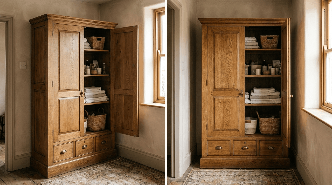 Freestanding wooden cupboard with shelves, drawers, and folded household storage items.