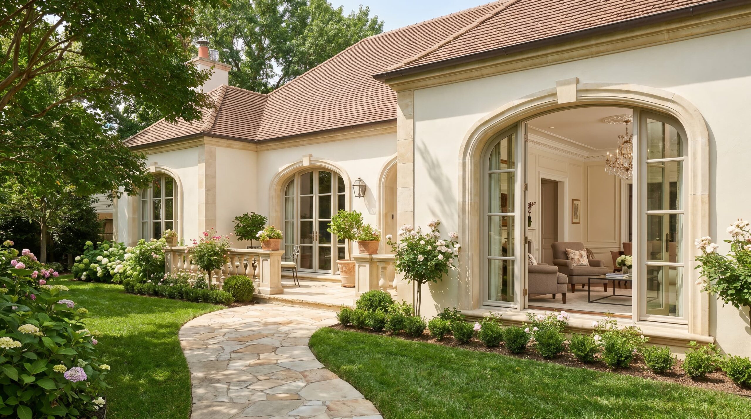 An elegant French Provincial home with soft curves, plaster walls, limestone details, and romantic arches,
