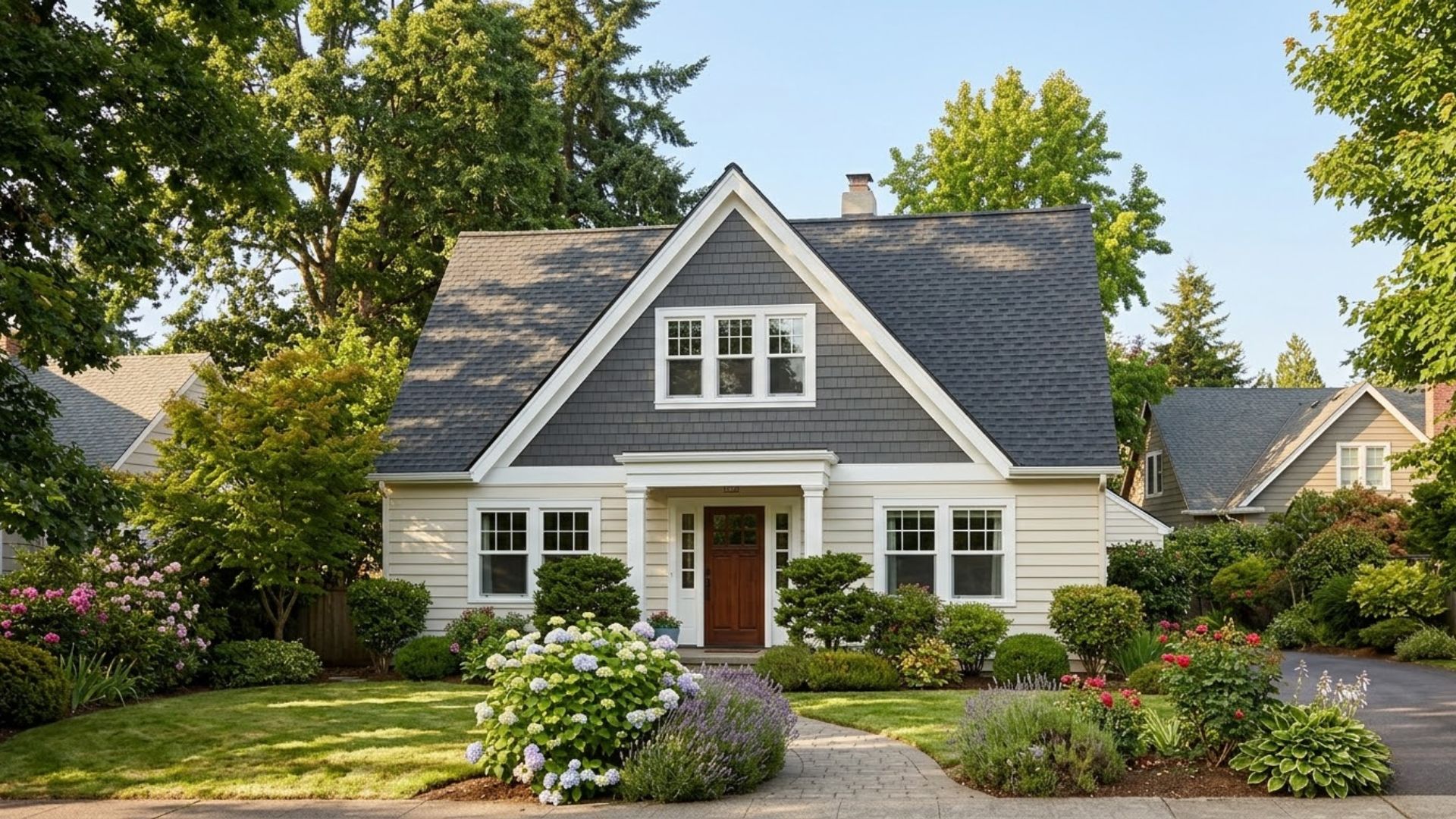Front gable roof house with symmetrical facade and landscaped garden front yard