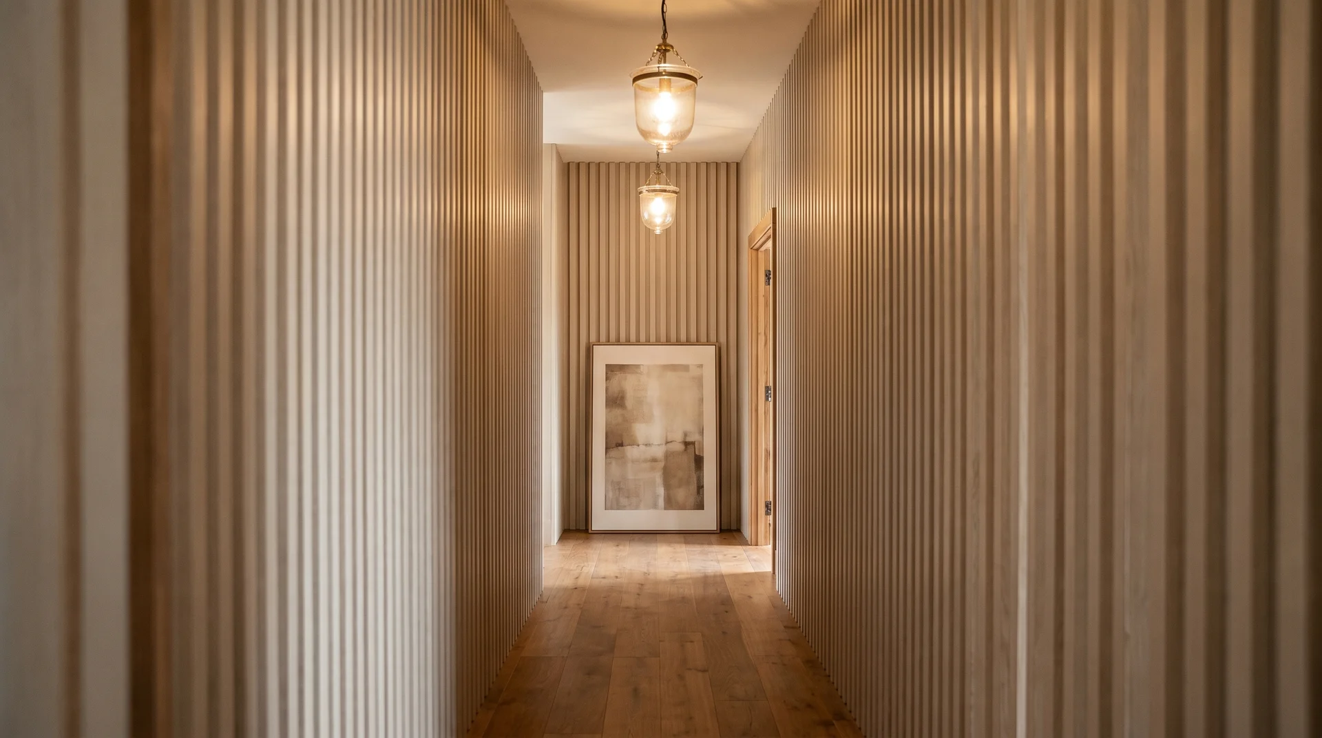 Hallway with full-height floor-to-ceiling boards, beige walls, wooden floor, pendant lights, and framed artwork at end.